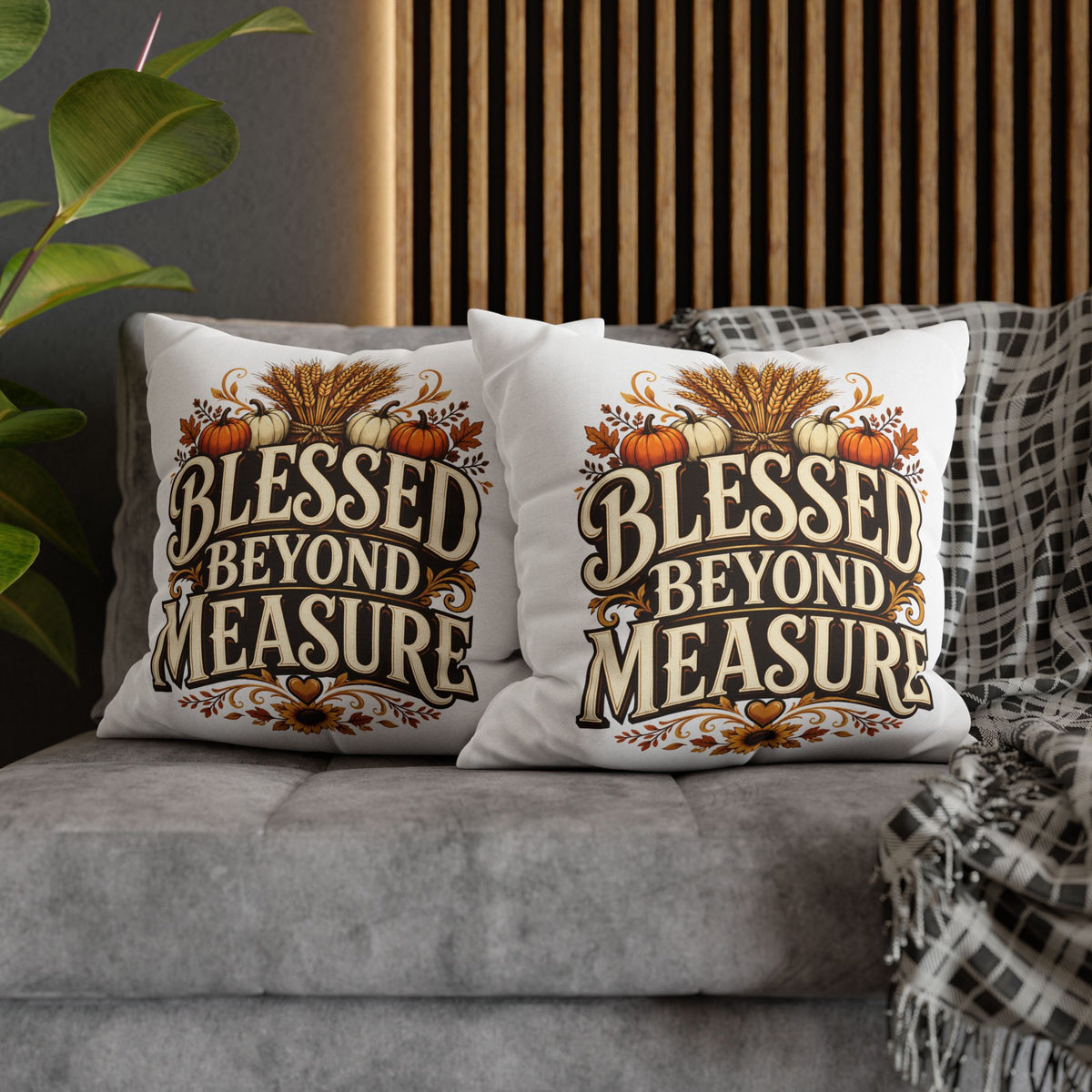 Thanksgiving Blessed Beyond Measure Fall Pillowcase — Autumn Pumpkin & Wheat Decorative Pillow