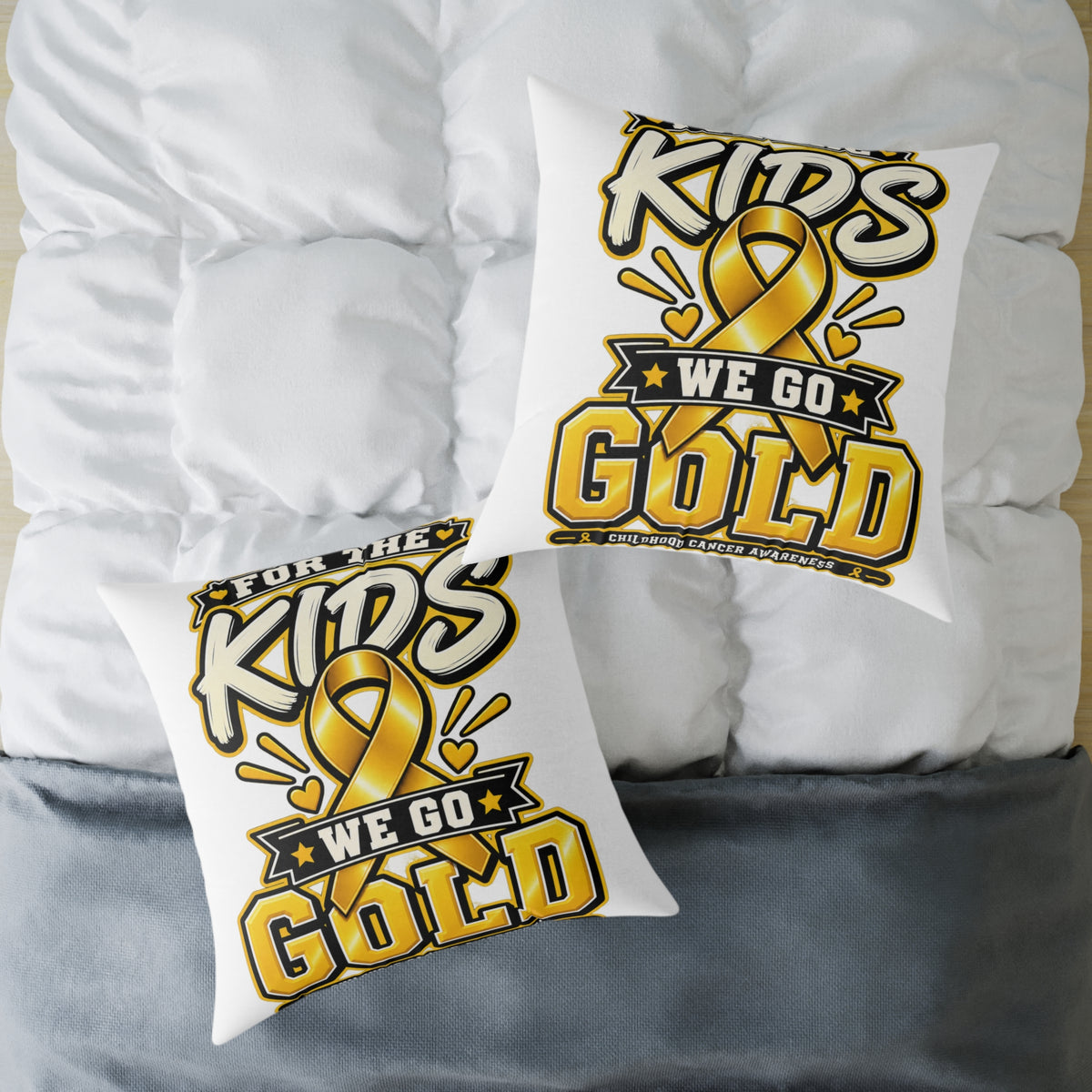 We Go Gold Kids Ribbon Square Throw Pillow — Childhood Cancer Awareness Decor