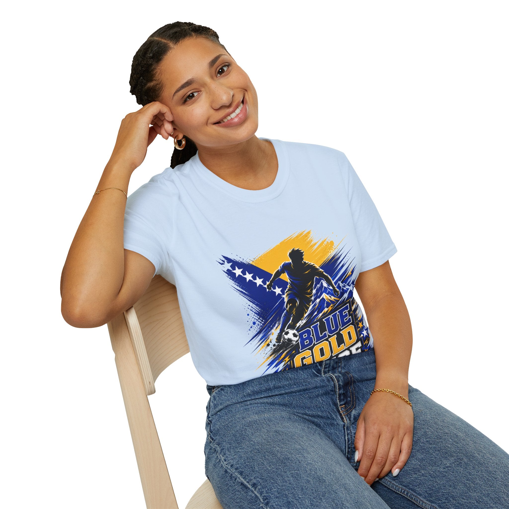 Bosnia Football T‑Shirt - "Blue Gold Rise" Soccer Graphic Tee