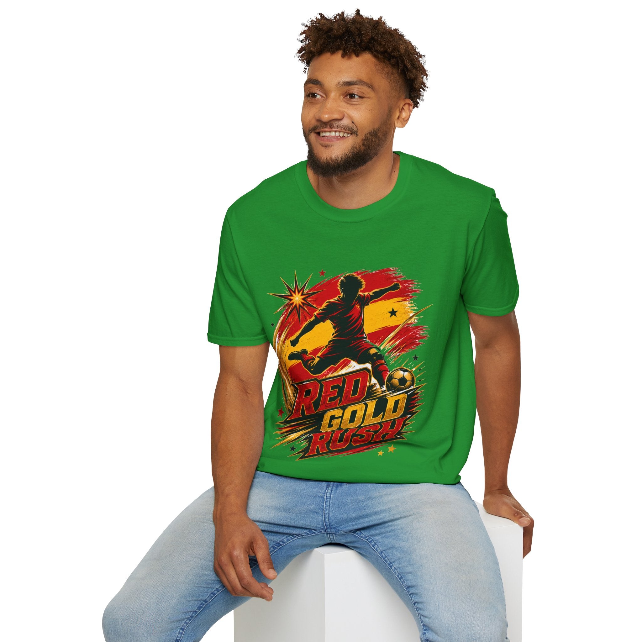 Spain Red & Gold Rush Soccer T-Shirt — Retro Soccer Player Graphic