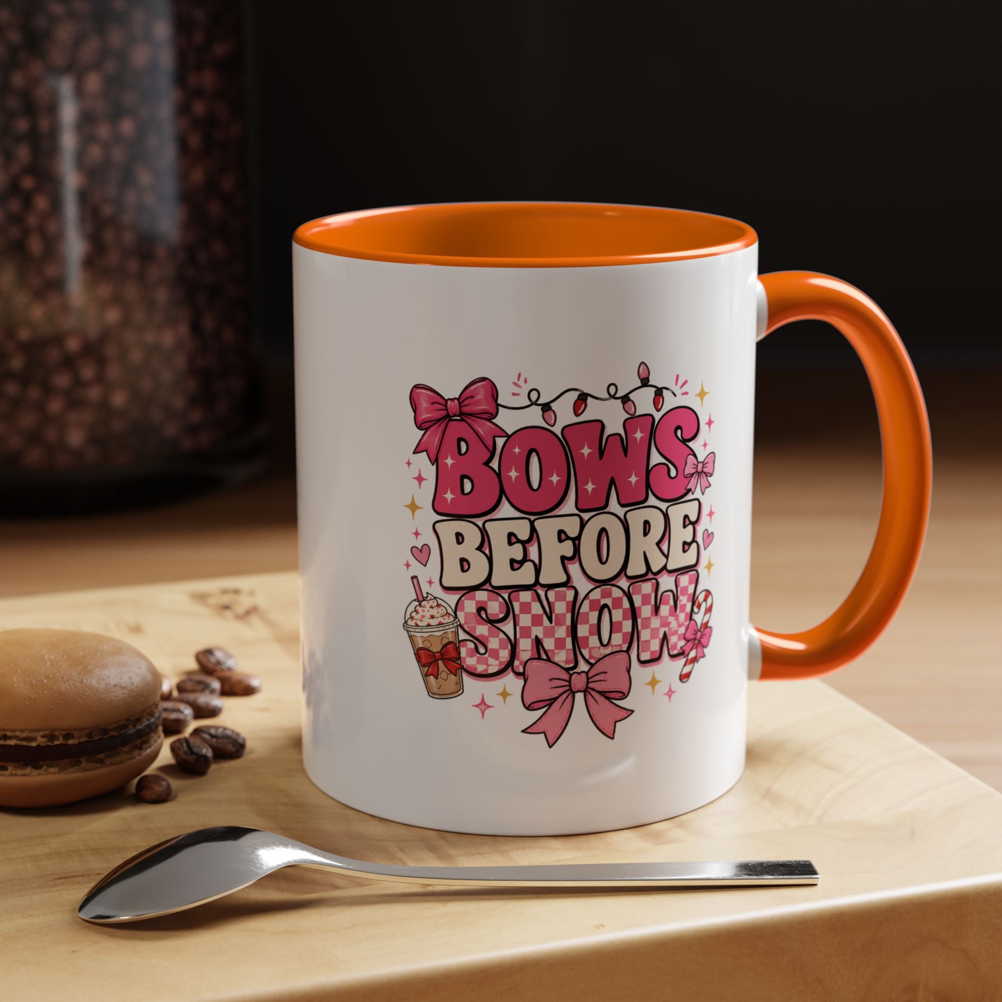 Modern Day Christmas Bows Before Snow Accent Coffee Mug — Cute Pink Holiday Hot Cocoa Design (11/15oz)