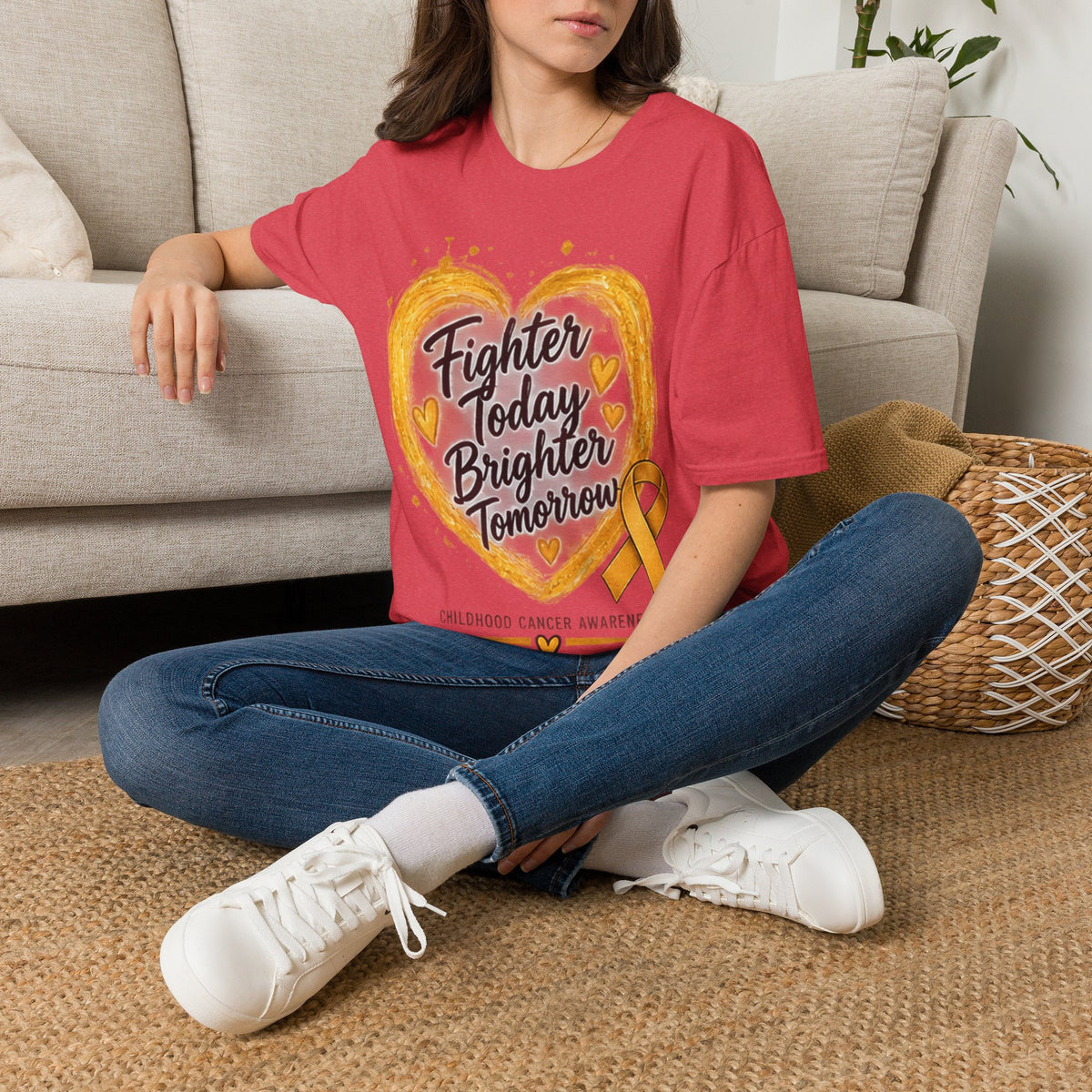 Childhood Cancer Awareness T-Shirt — "Fighter Today Brighter Tomorrow" Gold Ribbon