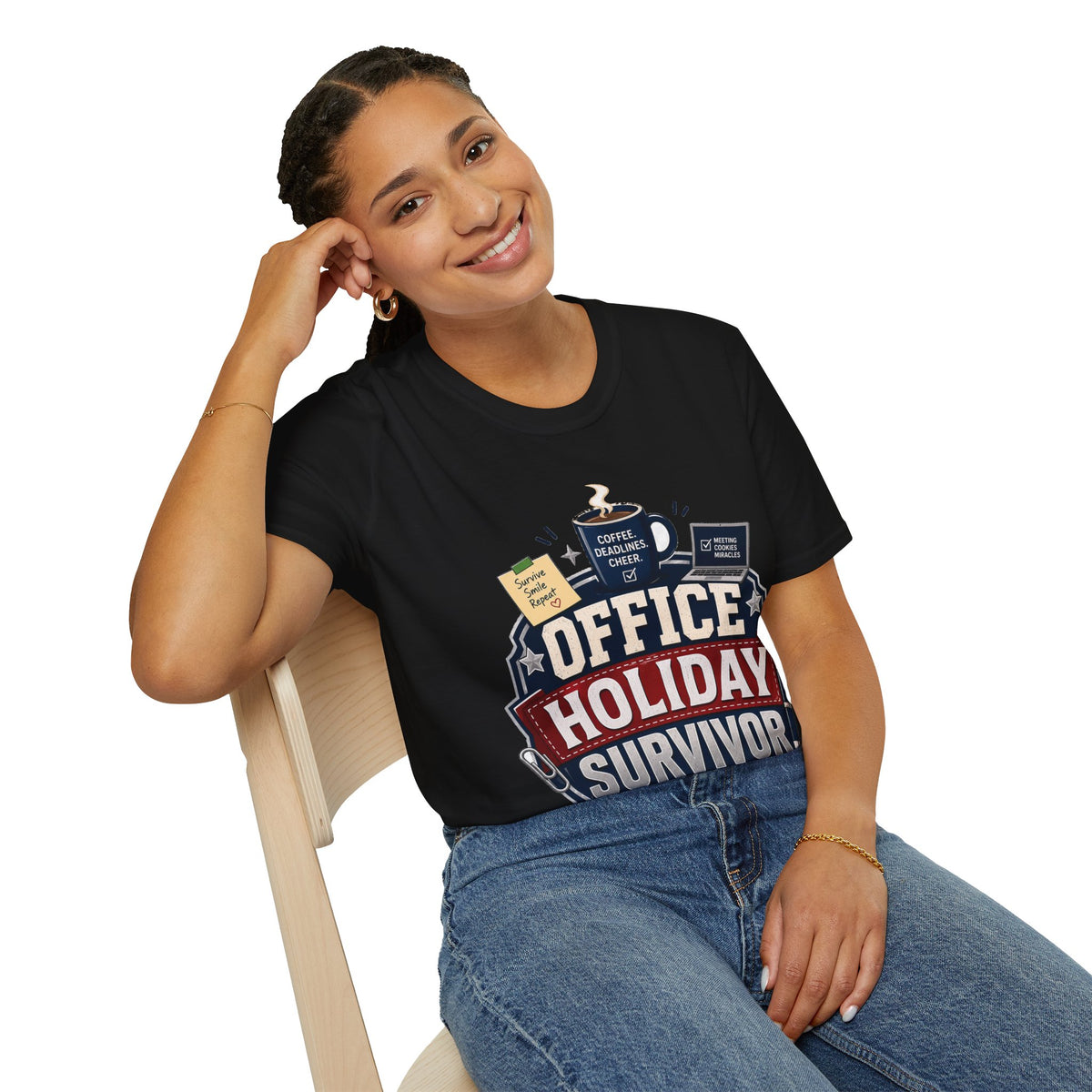 Office Holiday Survivor T-Shirt — Coffee, Deadlines & Cheer Work Shirt
