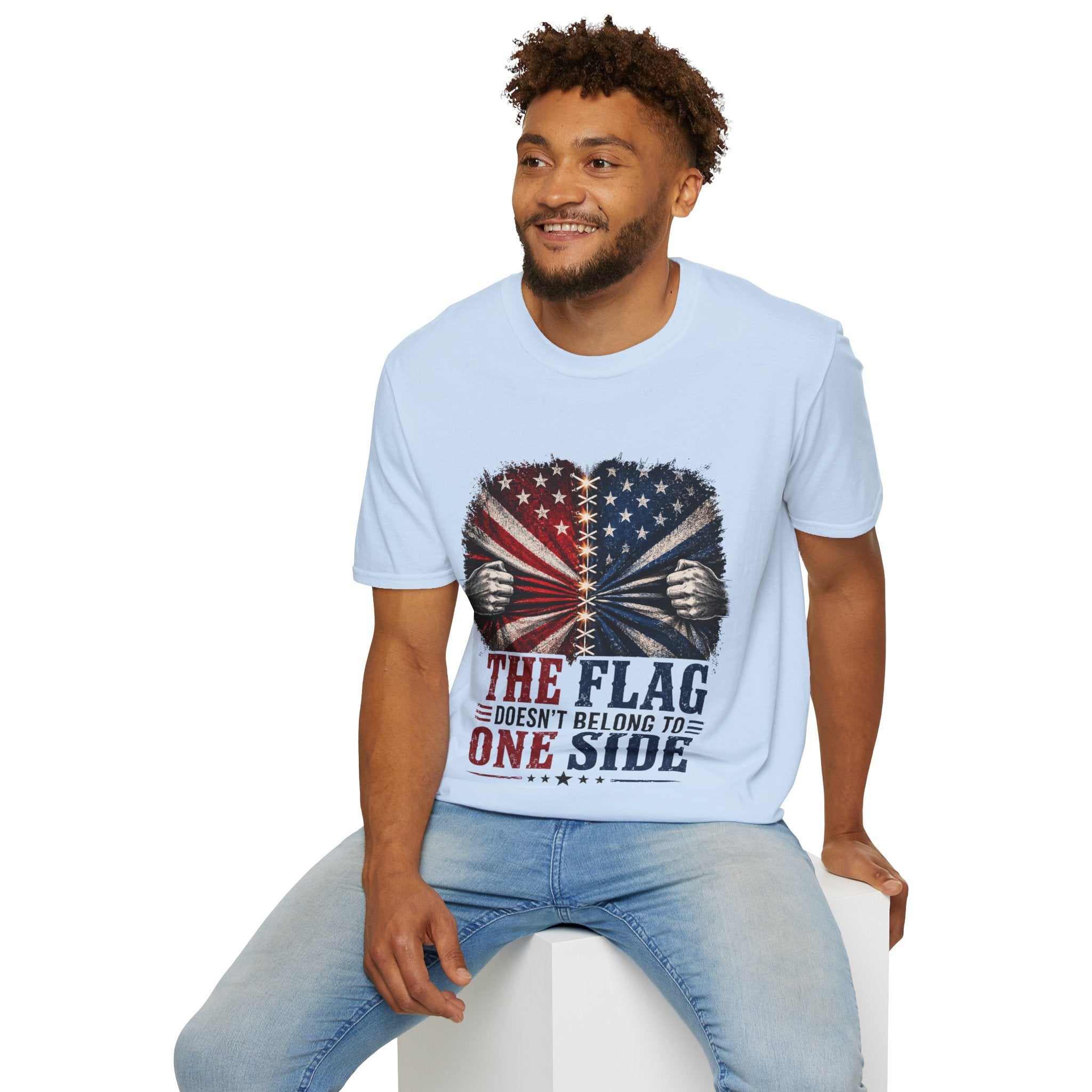 T-Shirt — "The Flag Doesn't Belong to One Side" Distressed American Flag Graphic