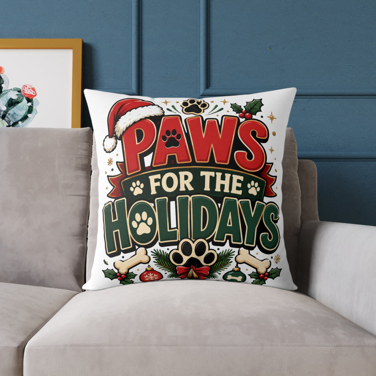 Christmas Paws for the Holidays Square Pillow — Festive Pet Christmas Decor