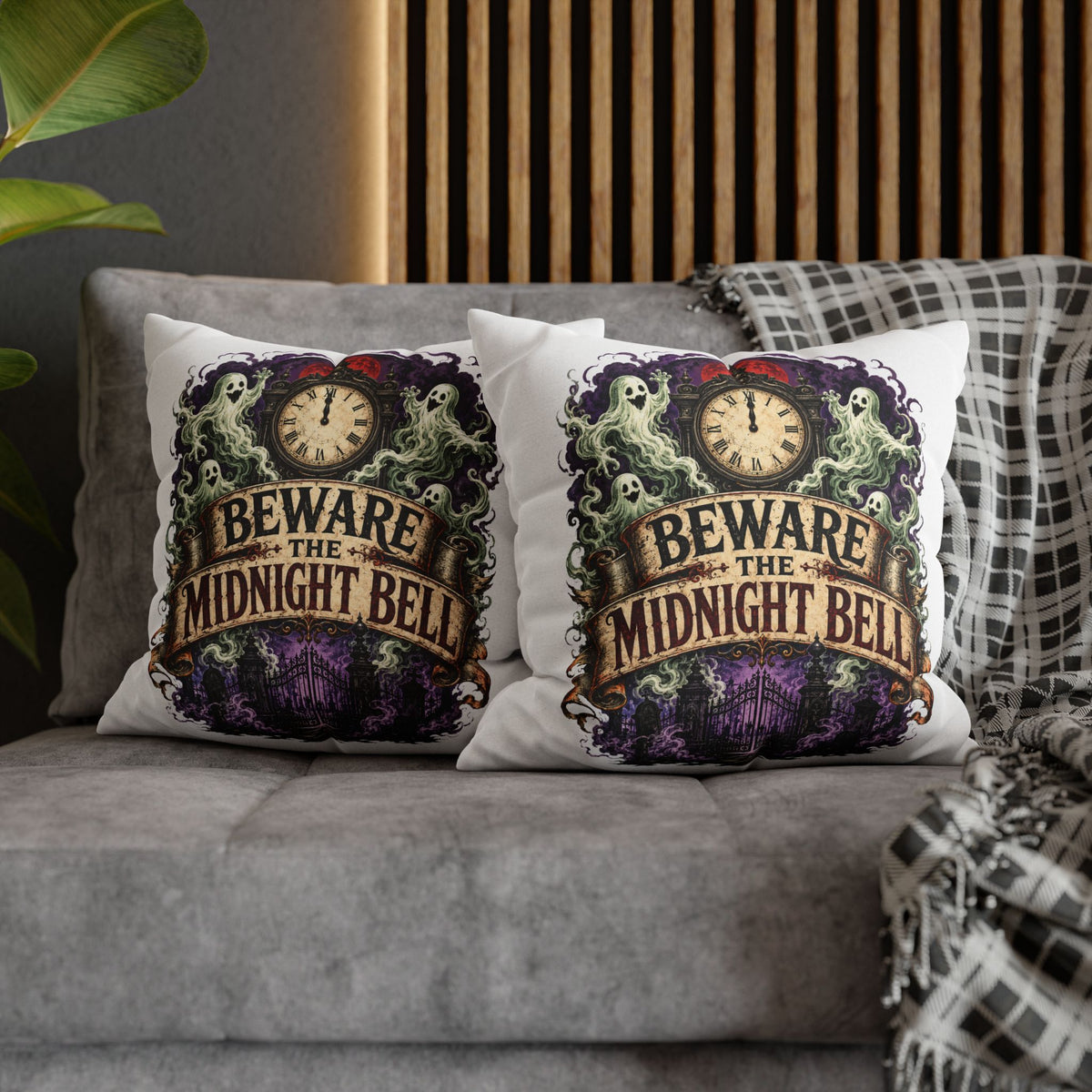 Halloween Beware the Midnight Bell Pillowcase — Haunted Clock & Ghosts Decorative Throw Pillow