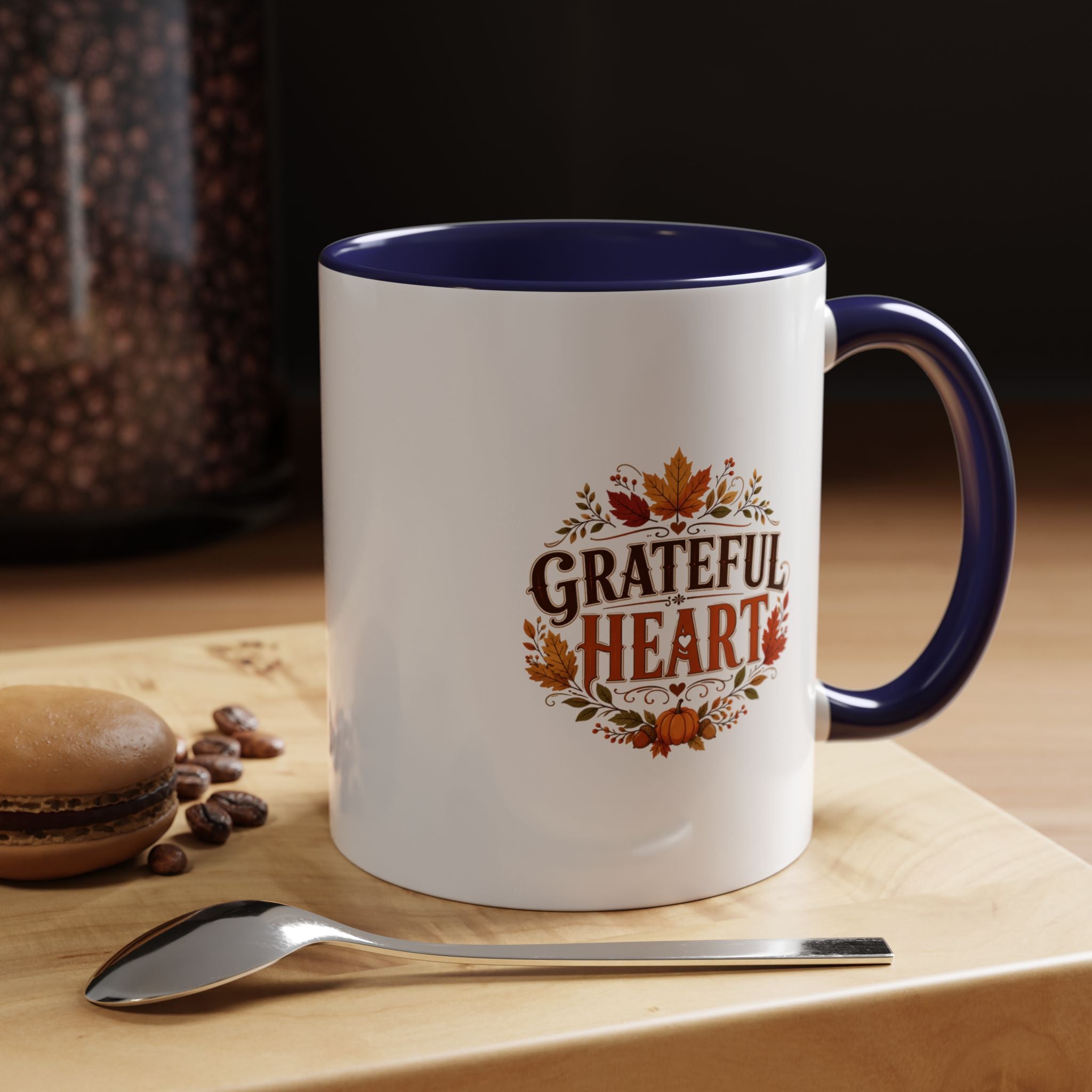 Thanksgiving Mug Grateful Heart Coffee Mug — Fall Leaves Pumpkin Accent Mug