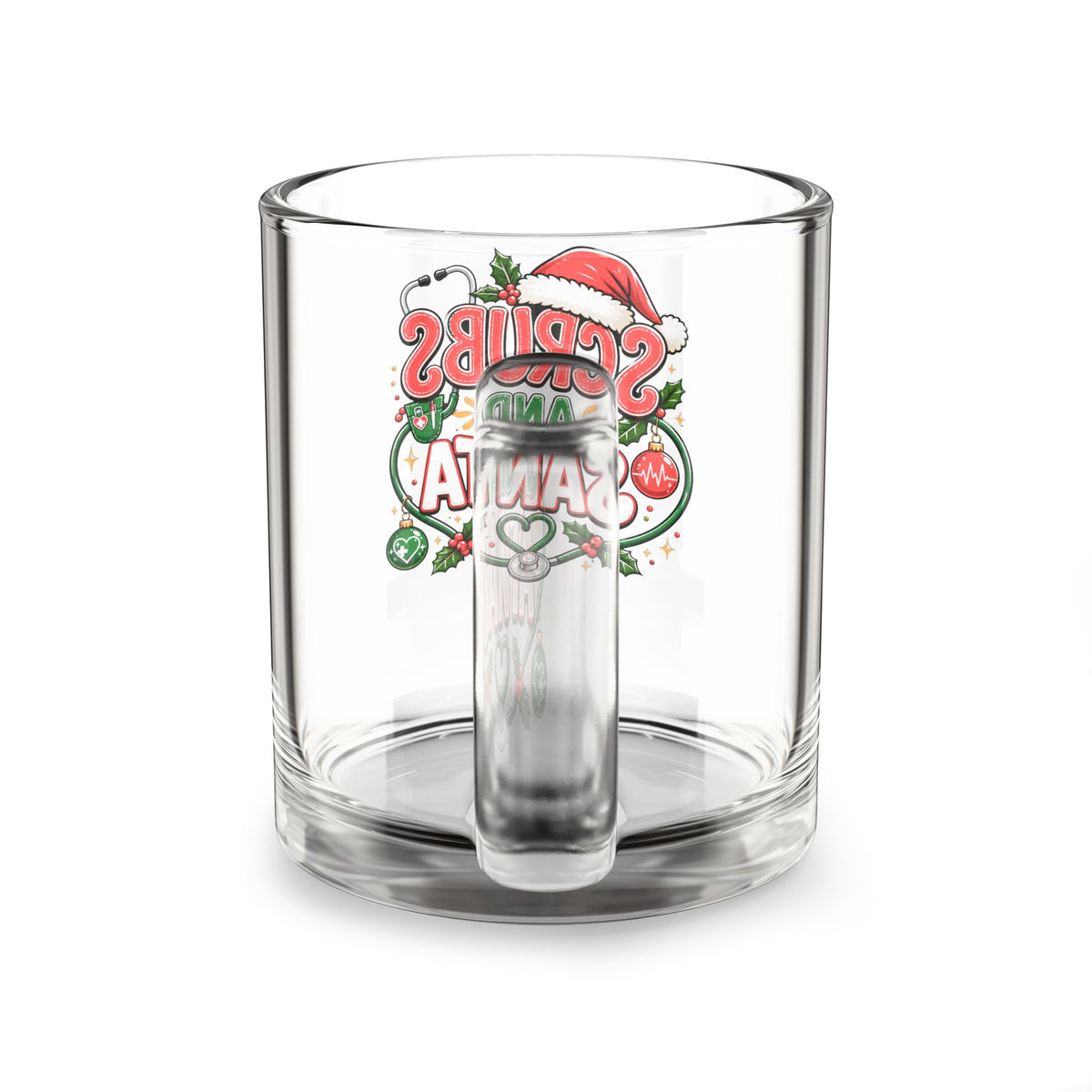 Christmas Glass Mug 10 oz Glass Mug — "Scrubs and Santa" Christmas Nurse Coffee Cup (10 oz)