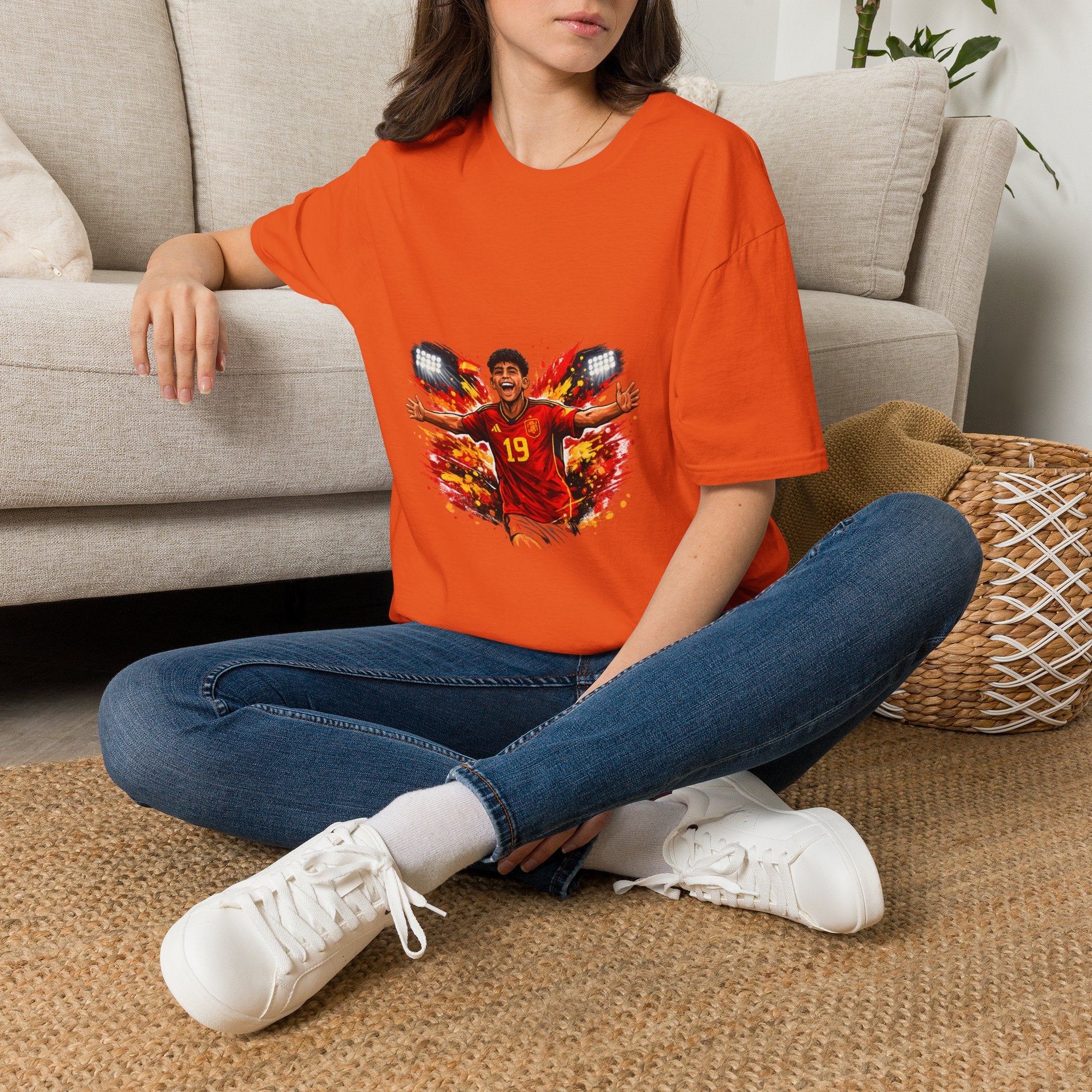 Spain Soccer Fan Portrait T‑Shirt – Fiery Goal Celebration Design