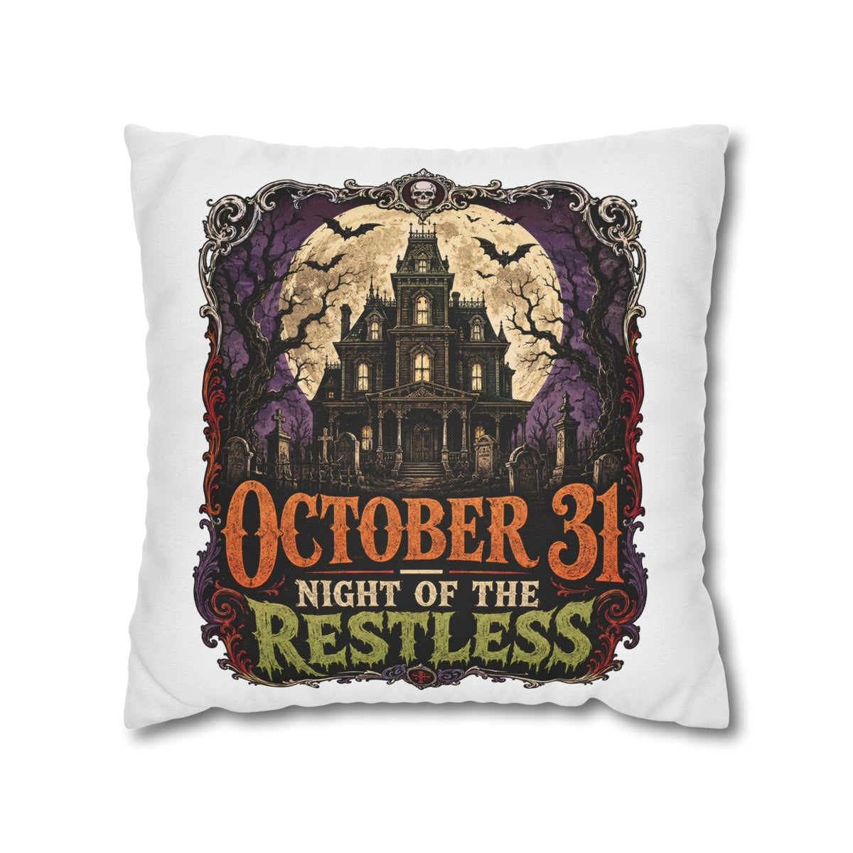 Halloween Pillowcase — "October 31 Night of the Restless" Haunted House Throw Pillow