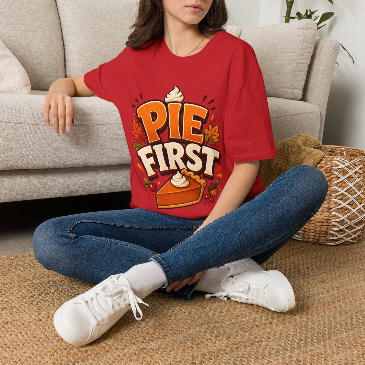 Thanksgiving T-Shirt Pie First T-Shirt — Funny Thanksgiving Pumpkin Pie Graphic Tee