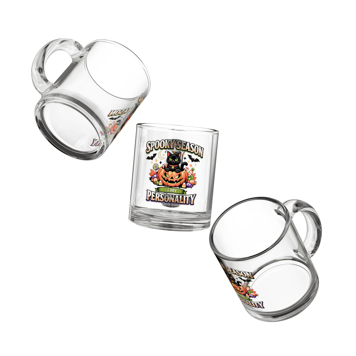 Halloween Glass Mug 10 oz  Spooky Season Is My Personality Glass Mug — 10oz Halloween Cat Pumpkin Coffee Cup