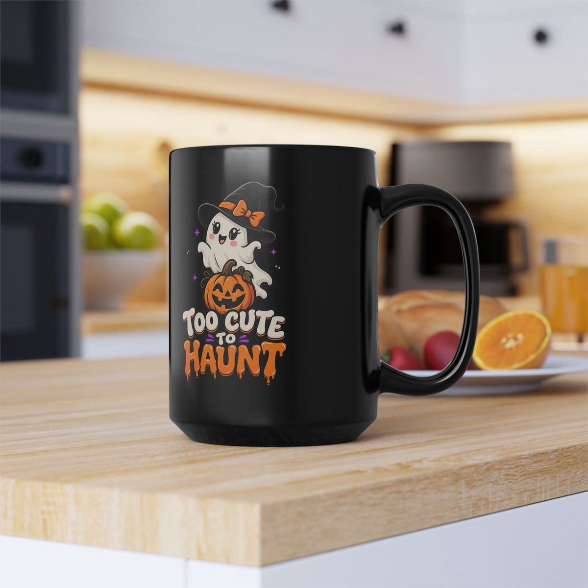 Too Cute to Haunt Halloween Mug — Black Ghost & Pumpkin Coffee Cup (11oz/15oz)