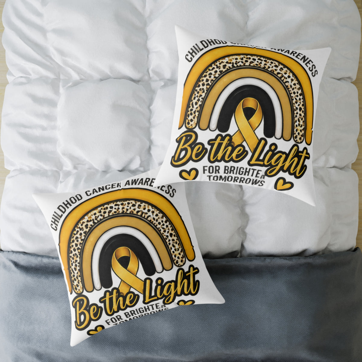 Childhood Cancer Awareness Pillow – "Be the Light" Gold Ribbon Square Pillow