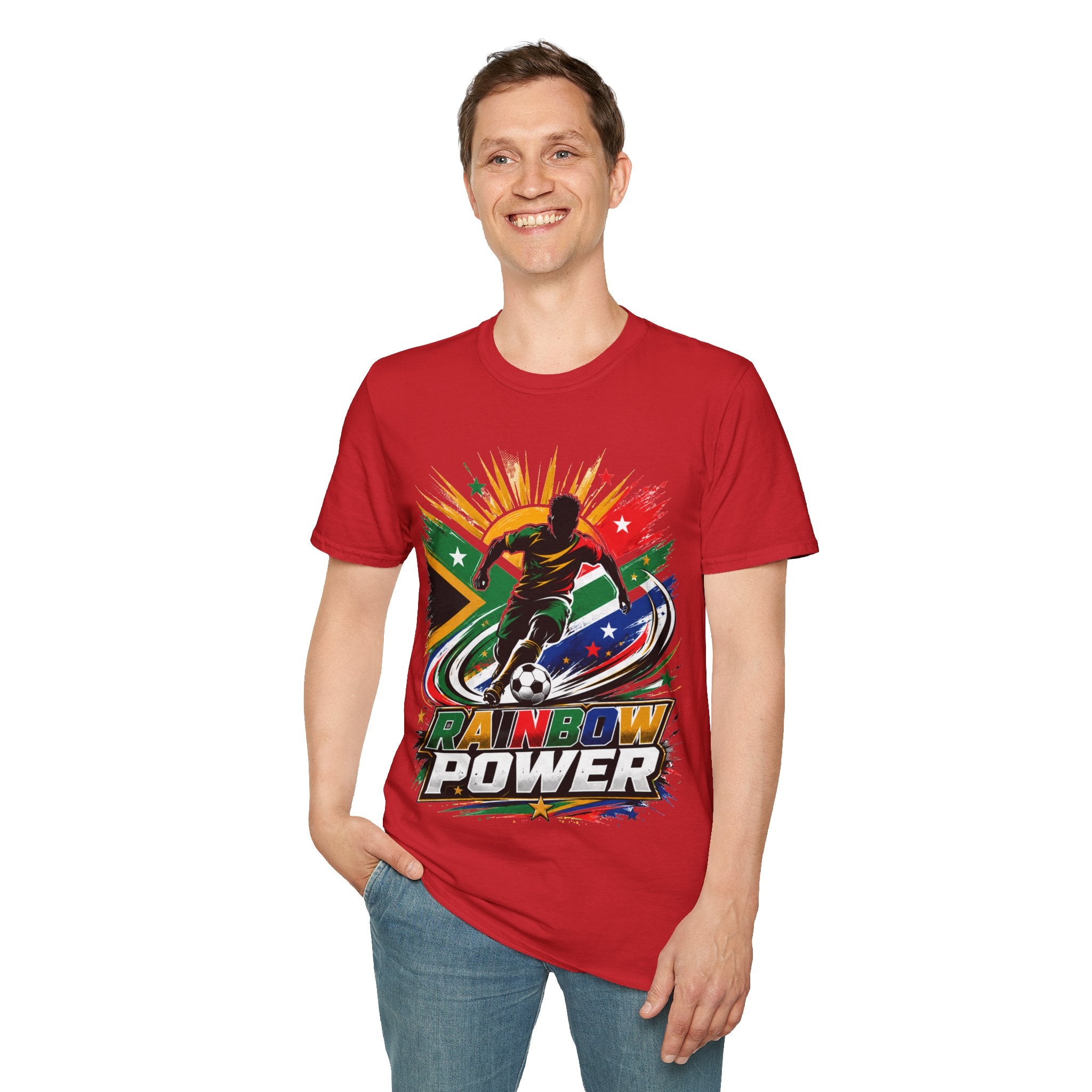 South Africa Soccer Rainbow Power T-Shirt — Colorful Football Player Graphic Tee