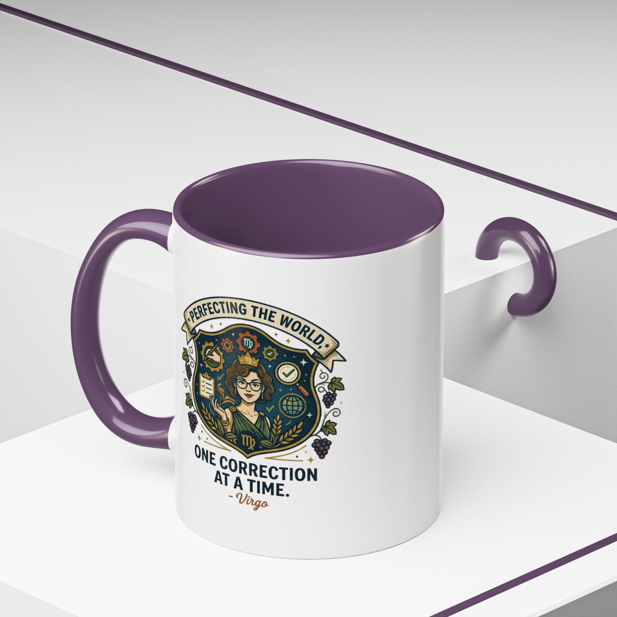 Virgo Coffee Mug — "Perfecting the World: One Correction at a Time" Accent Astrology Gift