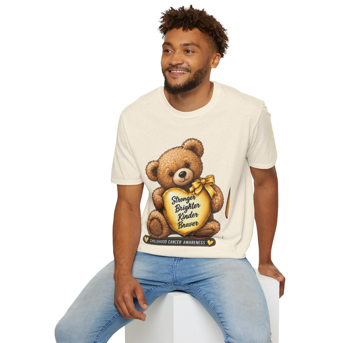 Childhood Cancer Awareness Teddy T-Shirt — "Stronger Brighter Kinder Braver"