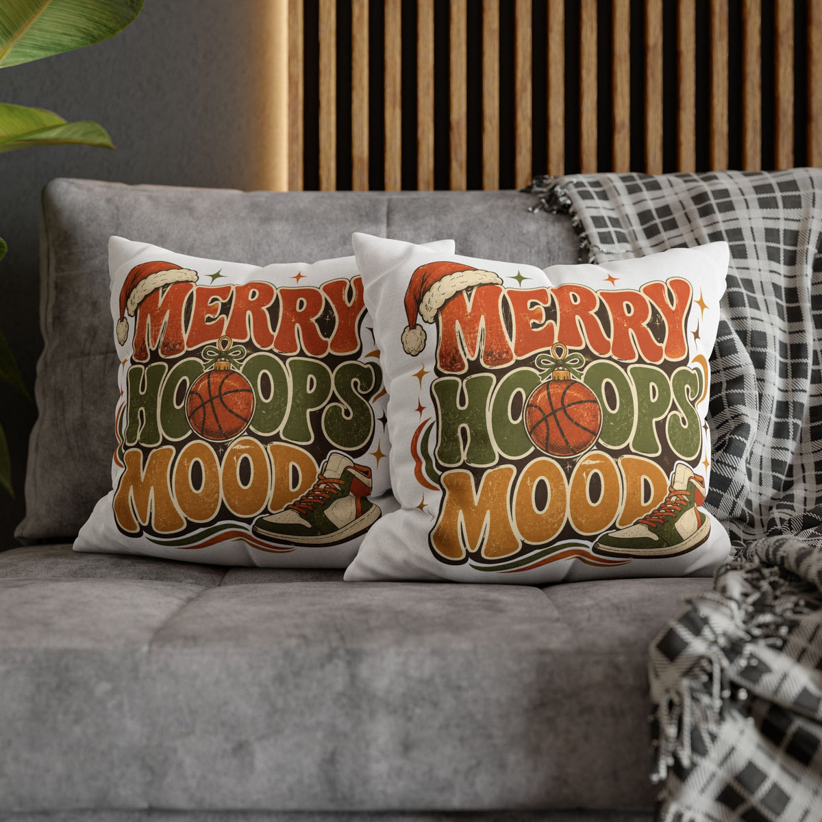 Merry Hoops Mood Holiday Pillowcase Modern Day Christmas  — Basketball Christmas Decorative Throw Pillowcase