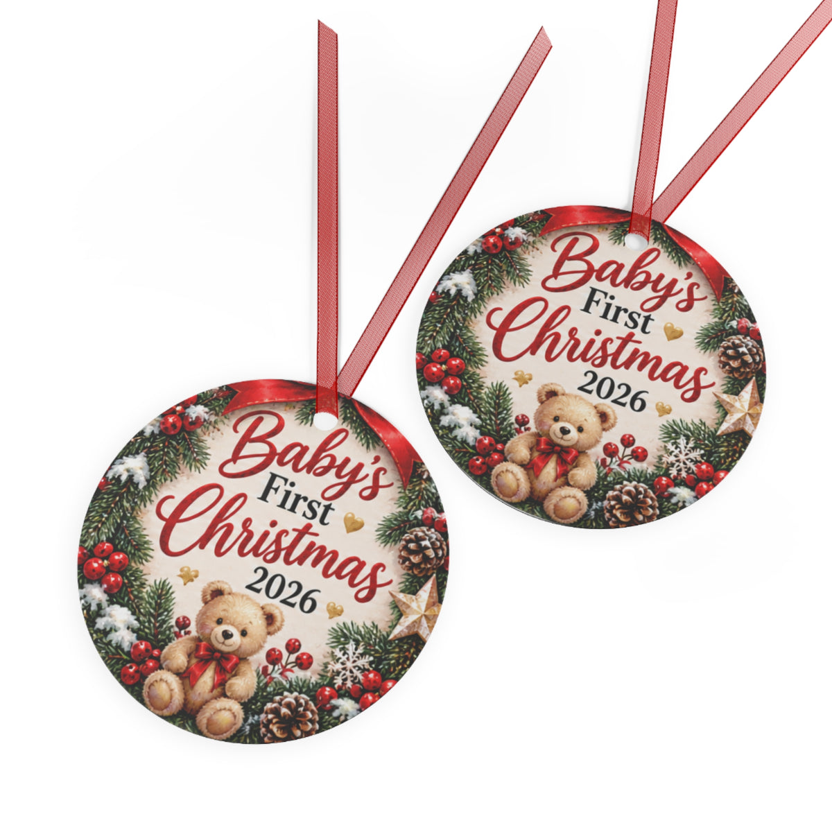 Baby's First Christmas 2026 Metal Ornament — Teddy Bear Holiday Keepsake