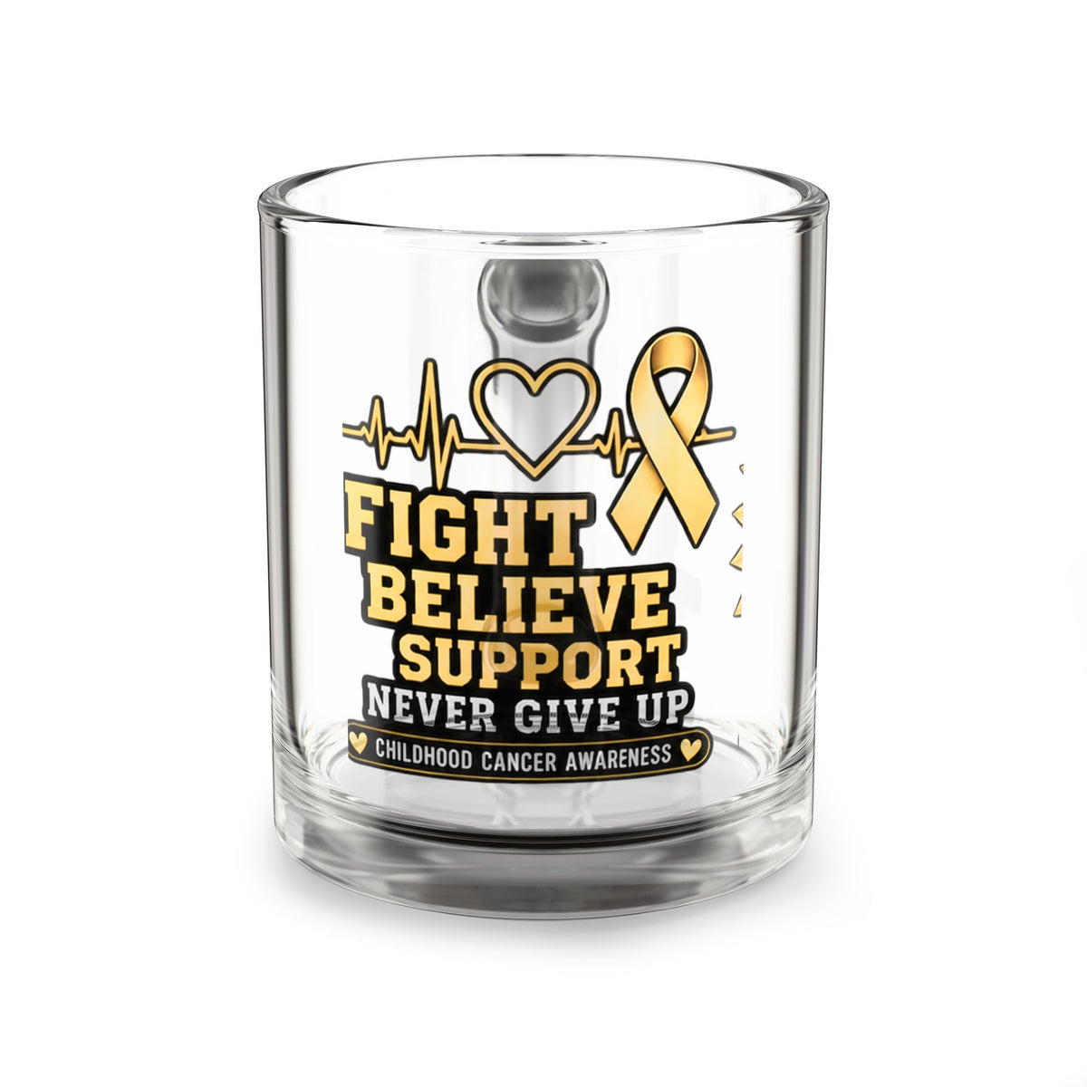 Childhood Cancer Awareness Glass Mug – “Fight Believe Support Never Give Up” 10oz