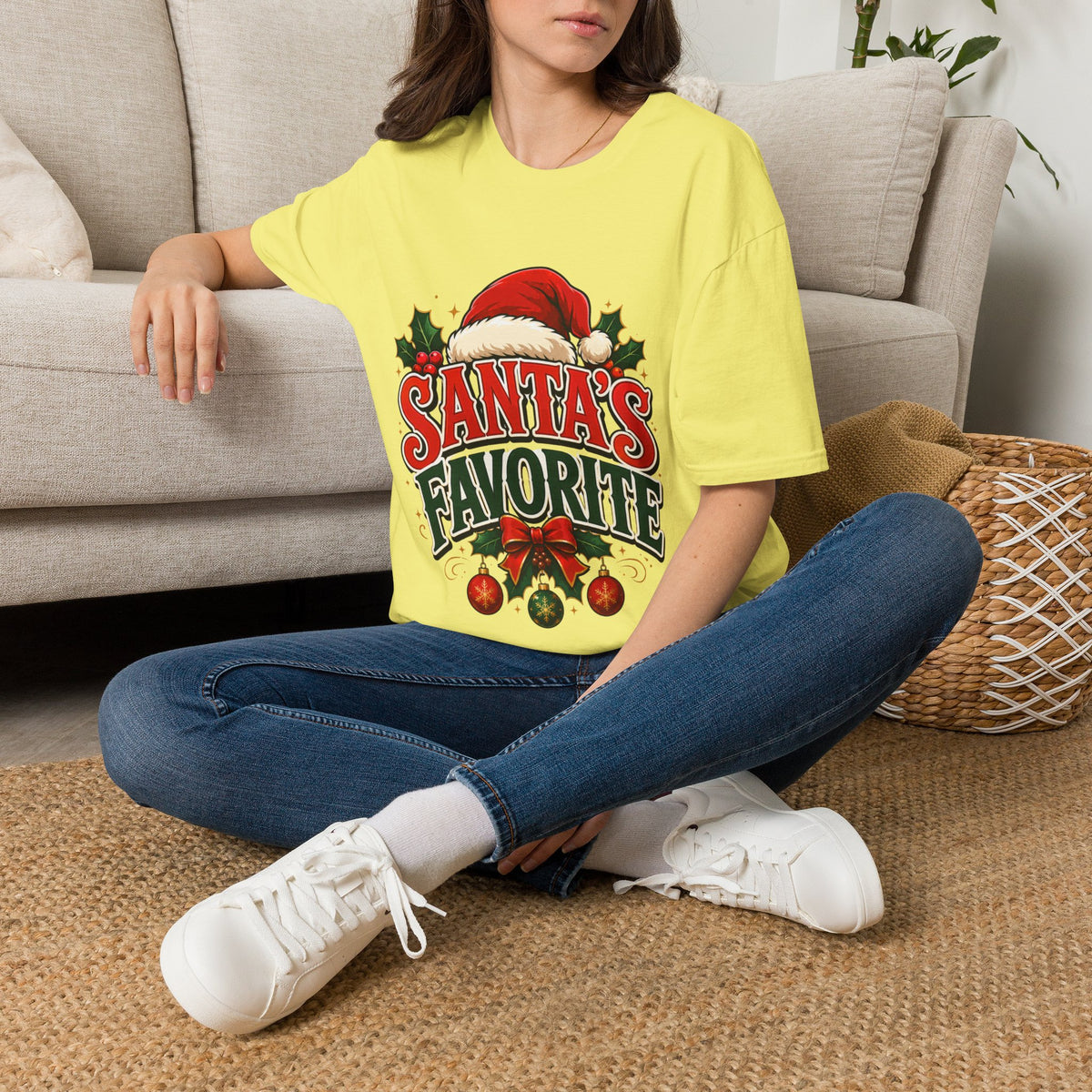Santa's Favorite T-Shirt — Festive Christmas Tee with Santa Hat & Holly