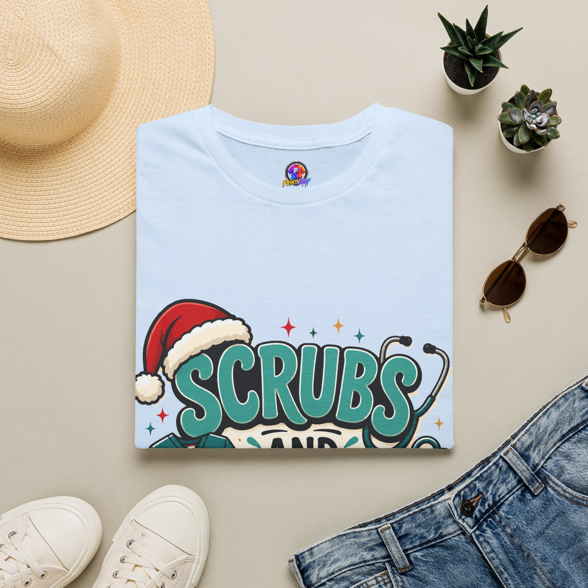 Scrubs and Santa Christmas T-Shirt — Cute Holiday Nurse Tee