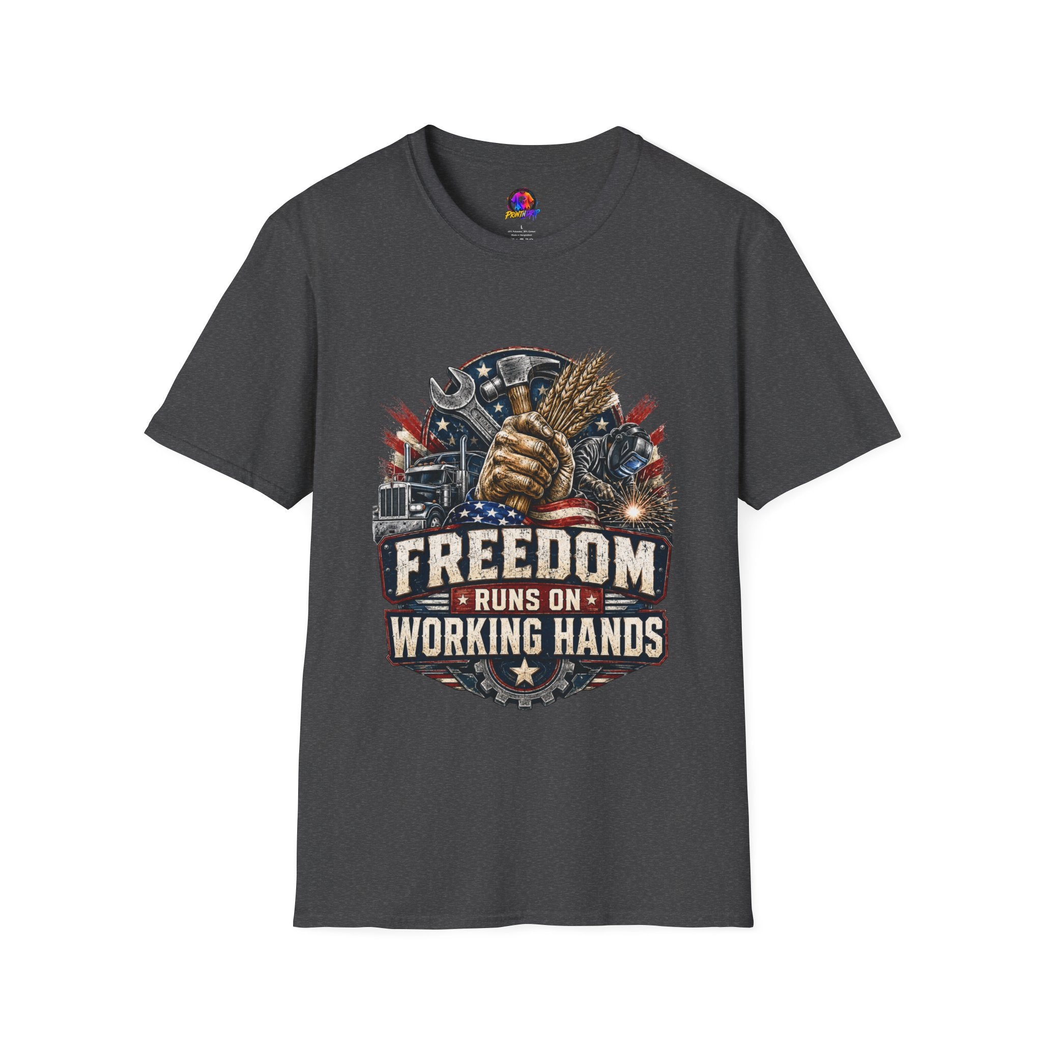 Freedom Runs on Working Hands T-Shirt — Patriotic Mechanic Tool & Wheat Design