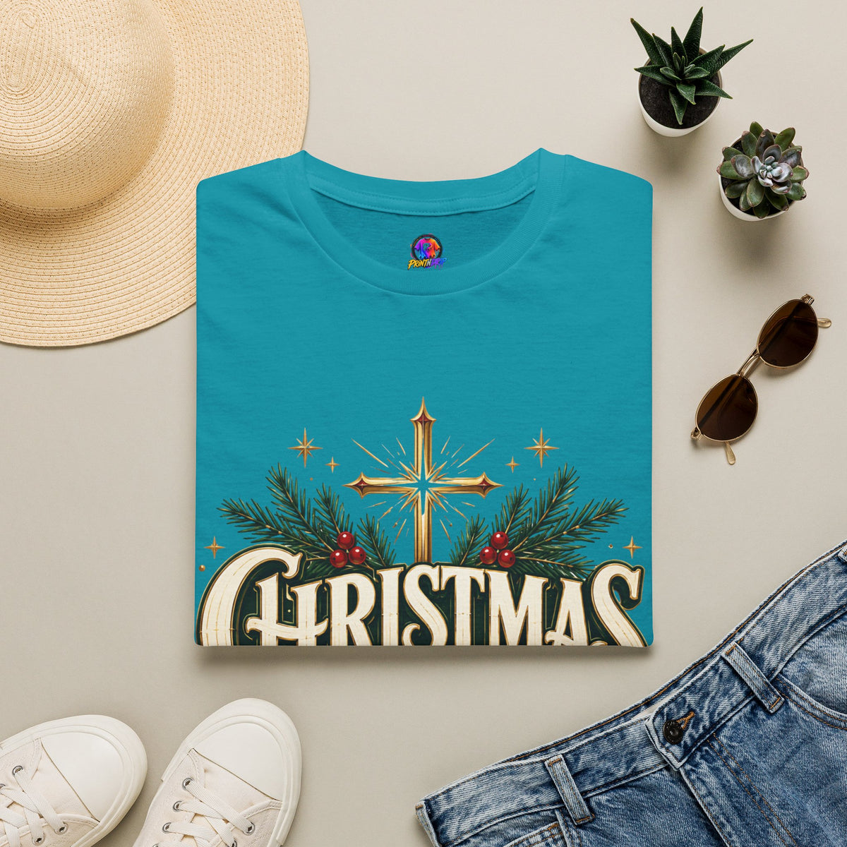 Christmas Blessed T-Shirt — Faith-Based Holiday Tee with Cross & Pine Design