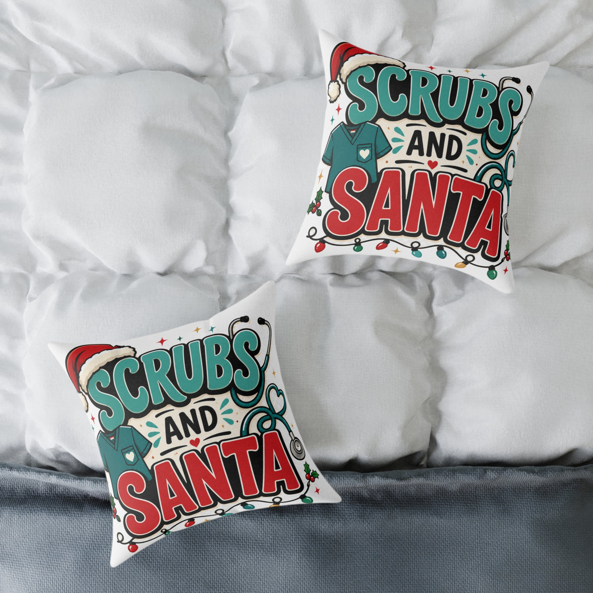 Scrubs and Santa Holiday Modern Day Christmas  Pillow — Christmas Nurse Decorative Cushion