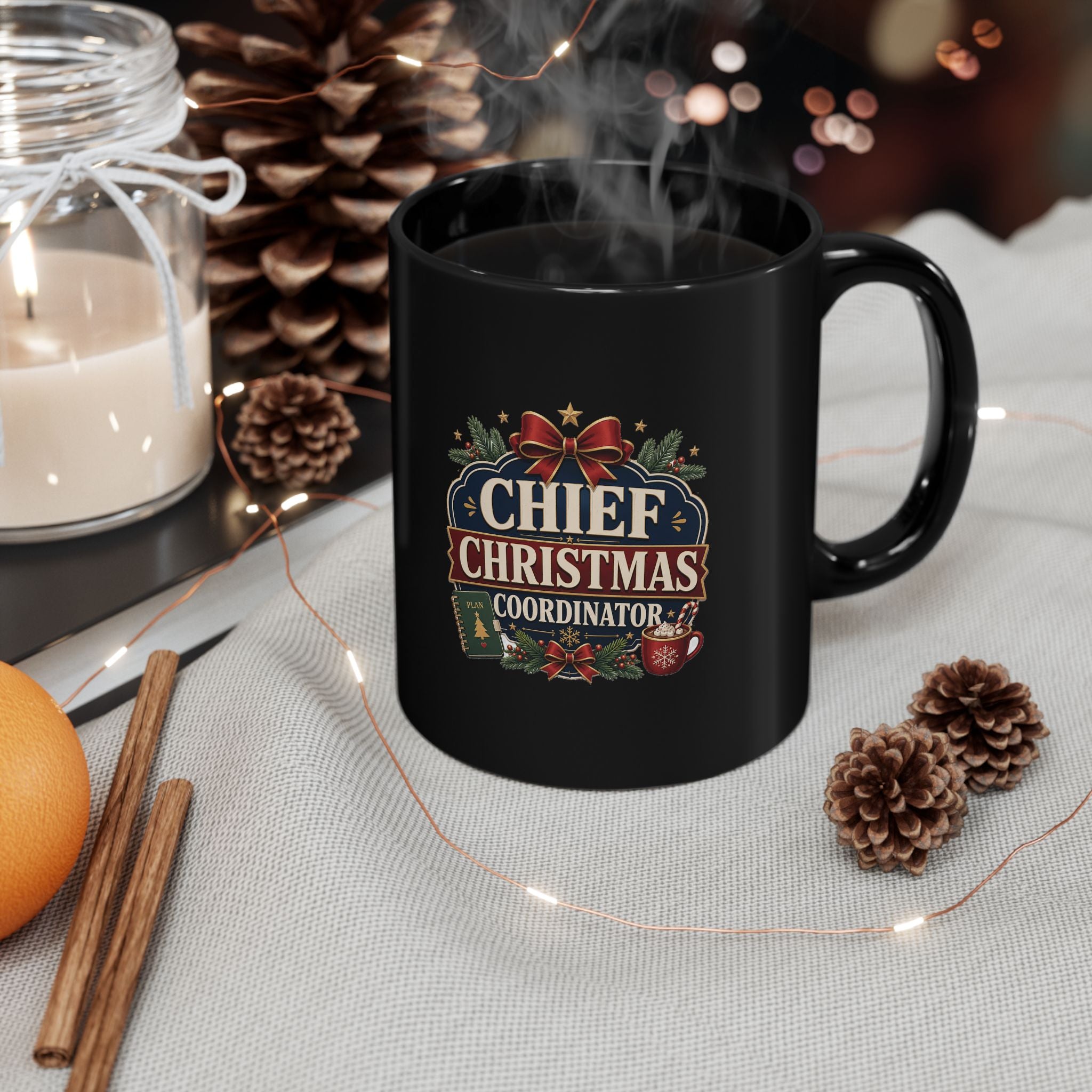 Modern Day Christmas Chief Christmas Coordinator Black Mug — Festive Holiday Coffee Cup
