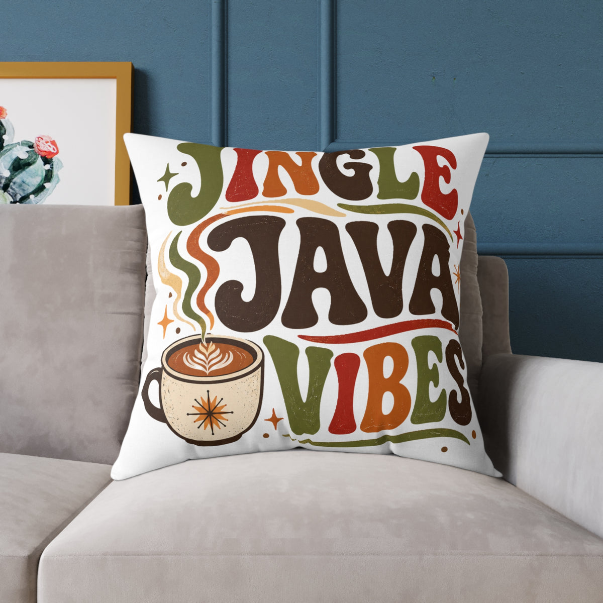 Christmas Square Pillow — "Jingle Java Vibes" Coffee Holiday Decorative Cushion