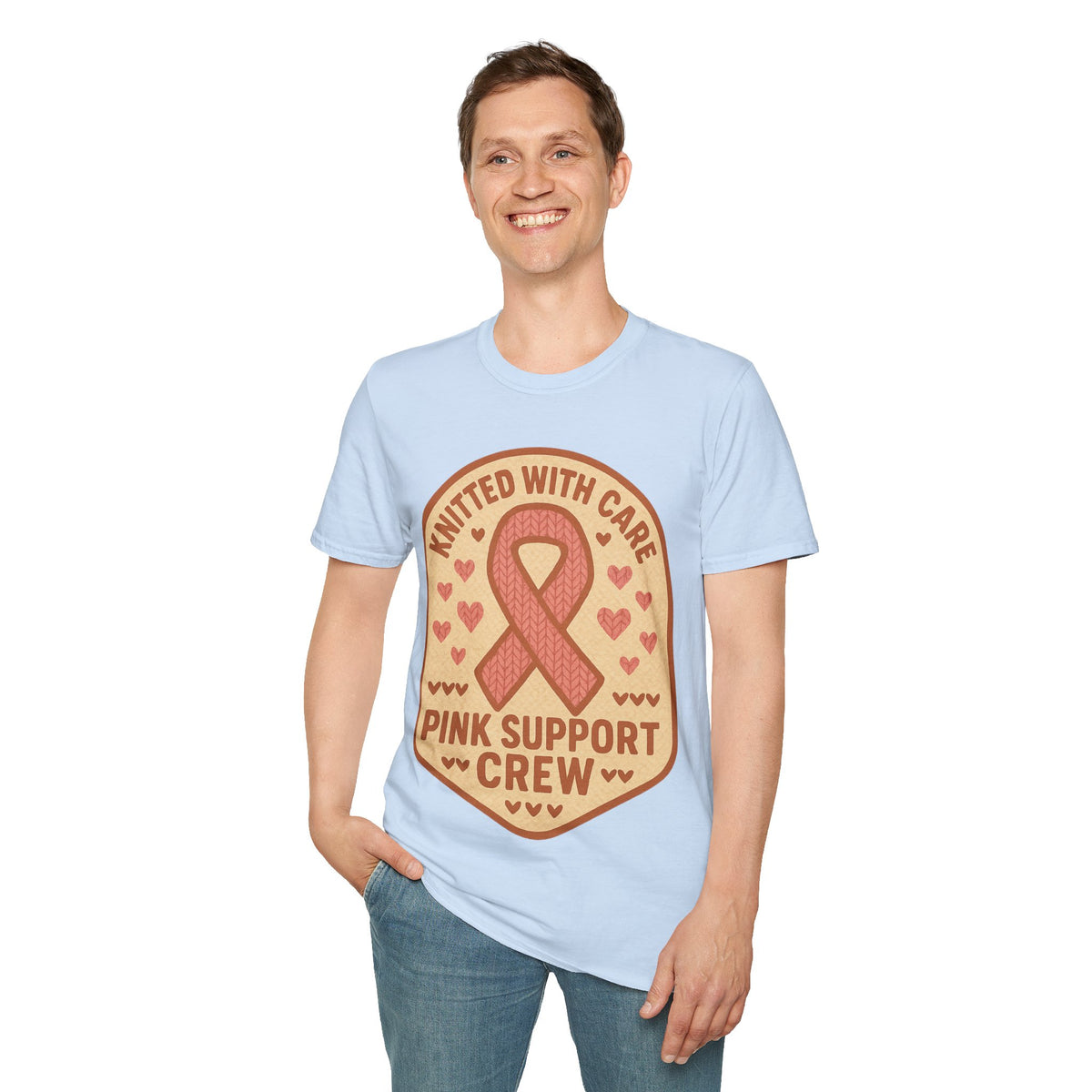 Pink Support Crew Knitted With Care Shield Badge T-Shirt, Breast Cancer Awareness Tee - Trending Now - September 2026