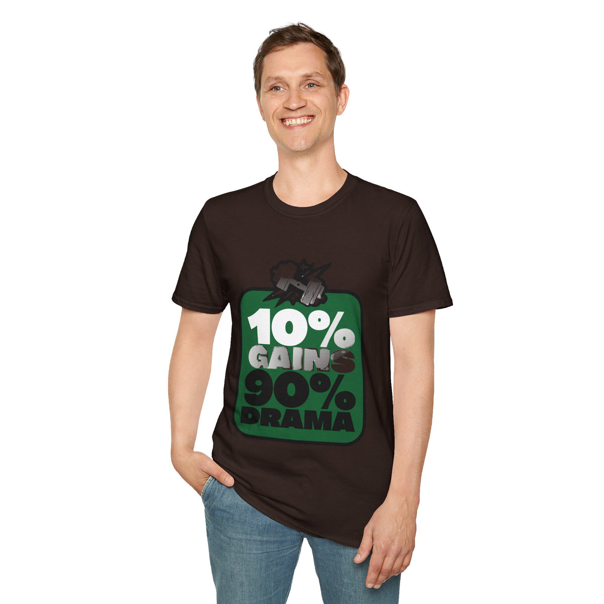 10% Gains 90% Drama Green Badge T-Shirt - Retro Gym Block Graphic Tee - Trending Now - September 2026
