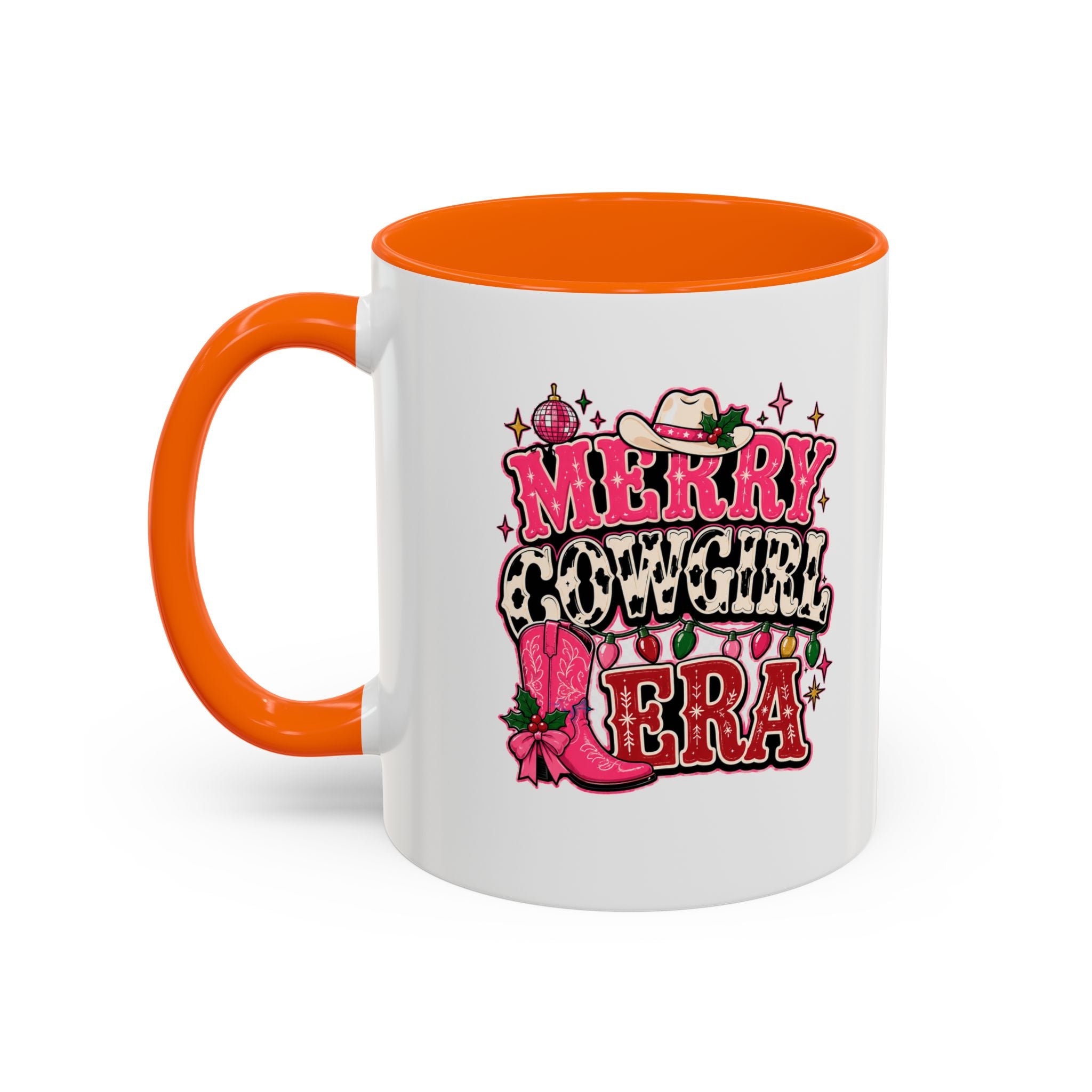 Modern Day Christmas Merry Cowgirl Era Accent Coffee Mug — Festive Pink Western Cowboy Boots & Hat Mug