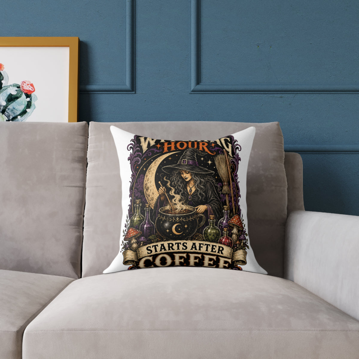 Halloween Witching Hour Pillow — 'Witching Hour Starts After Coffee' Gothic Witch Decorative Cushion