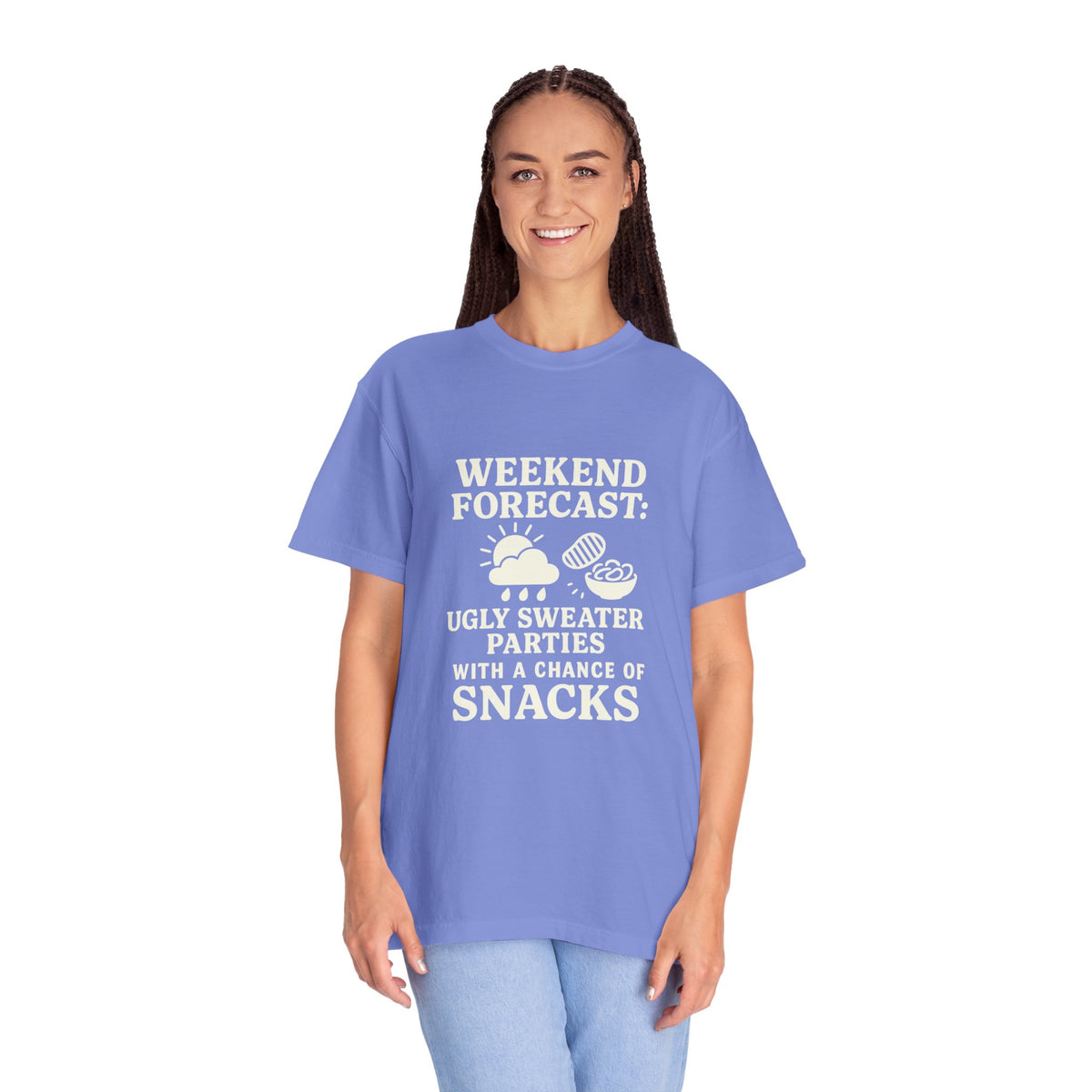 Weekend Forecast T-Shirt — "Ugly Sweater Parties with a Chan of Snacks" Holiday Tee - Trending Now - October 2026