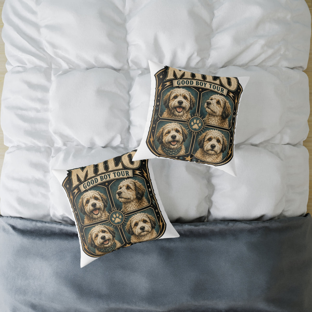 Dog Portrait Pillow - "Good Boy Tour" Vintage Puppy Square Throw Pillow  Milo Bailey Dog Dad Mom