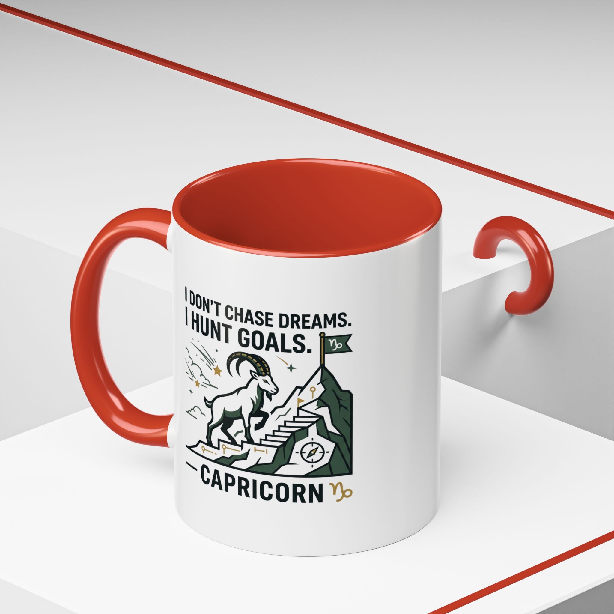 Capricorn Coffee Mug — “I Don't Chase Dreams, I Hunt Goals” Zodiac Accent Mug