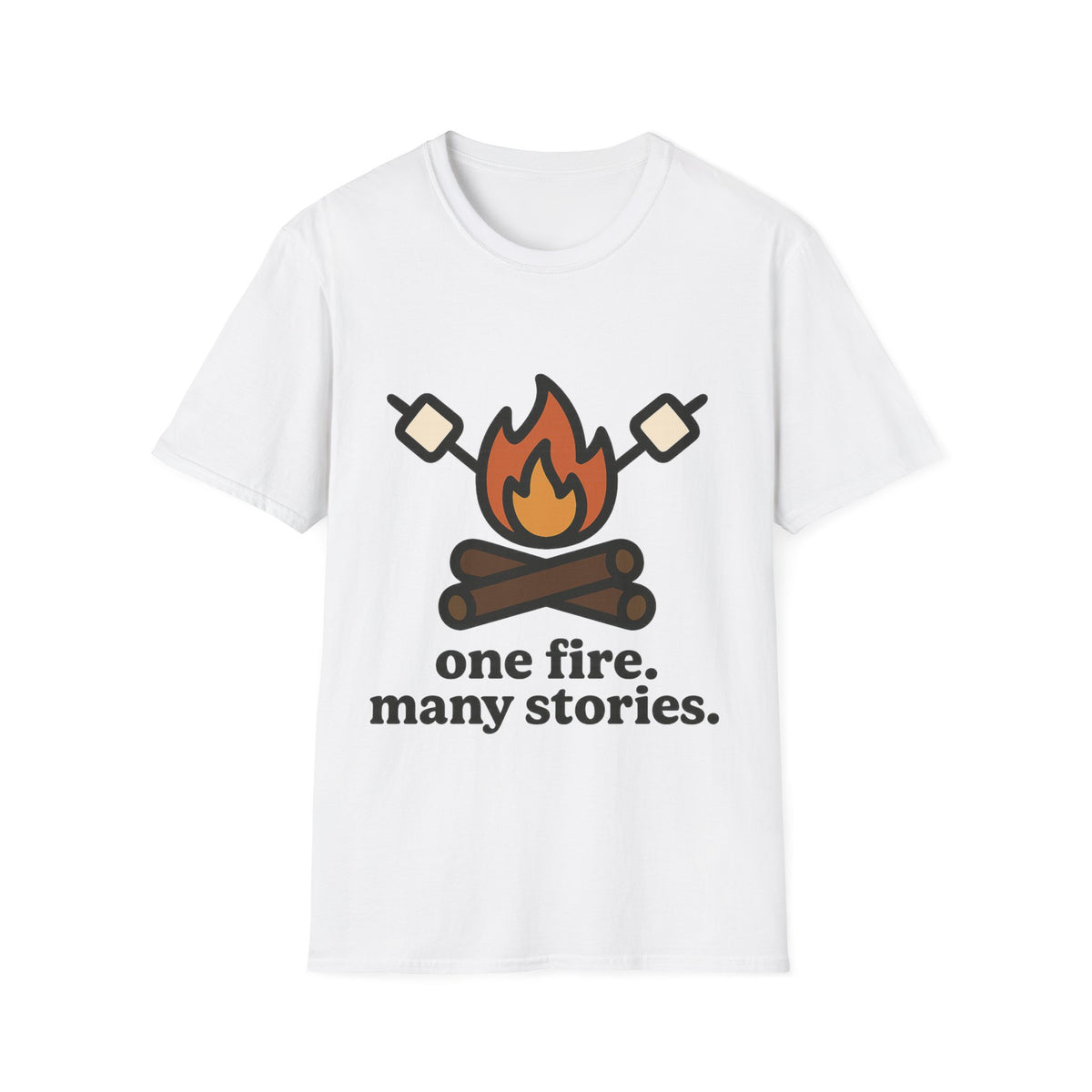 "One Fire, Many Stories" Campfire Graphic Tee - Cozy Outdoor Camping Marshmallow White T-Shirt - Trending Now - September 2026
