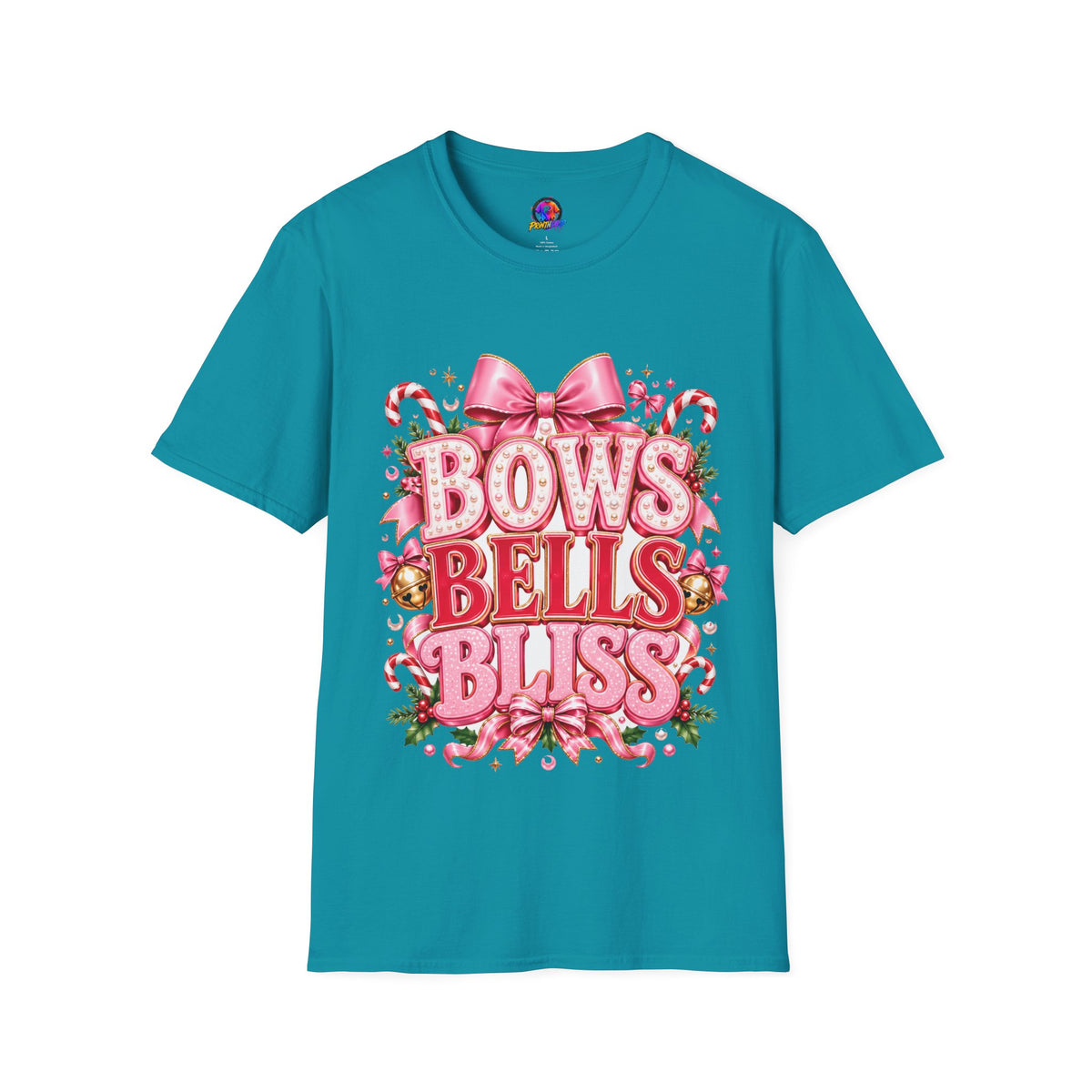Bows Bells Bliss Christmas T‑Shirt — Pink Holiday Bow Graphic