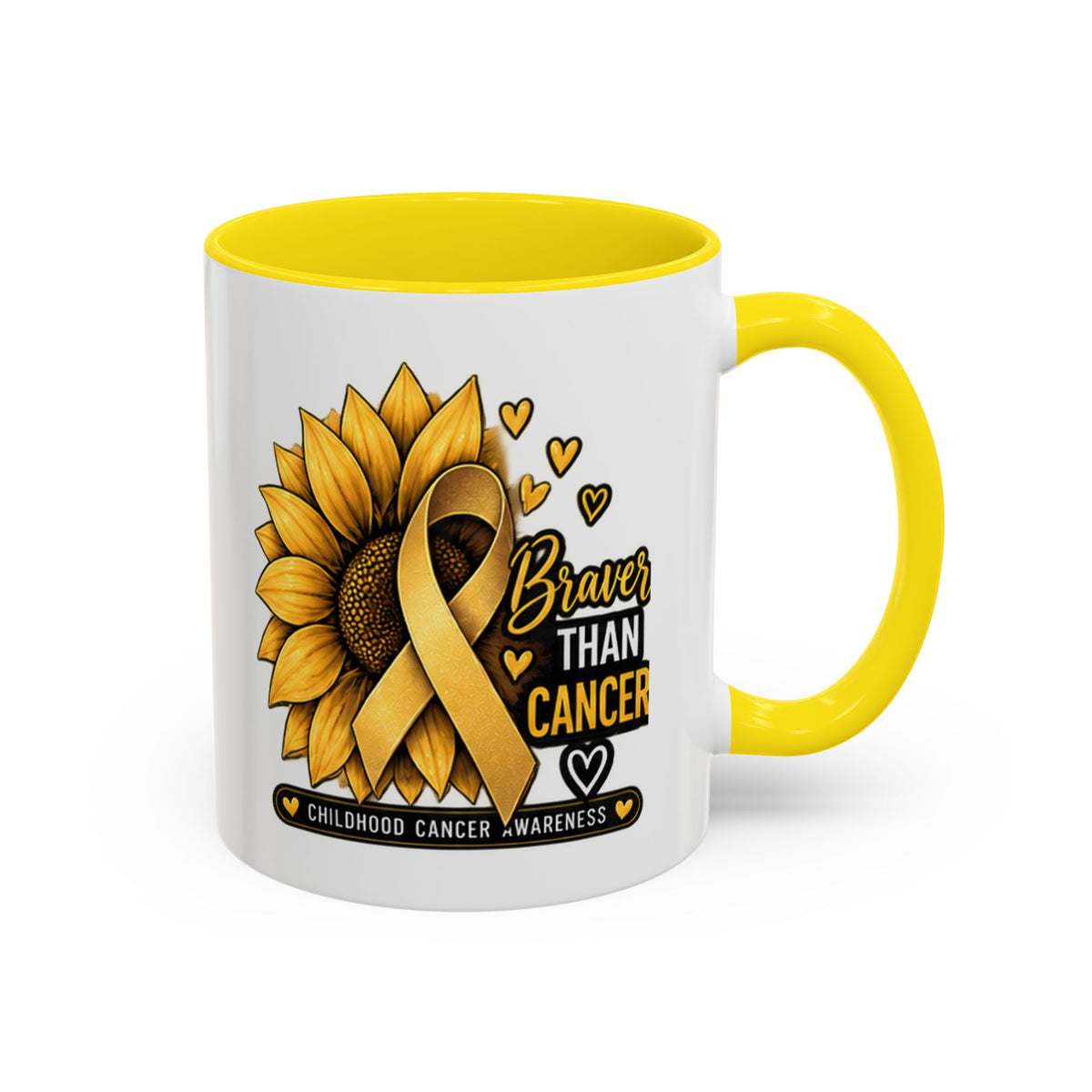 Childhood Cancer Awareness Mug — "Braver Than Cancer" Sunflower & Gold Ribbon