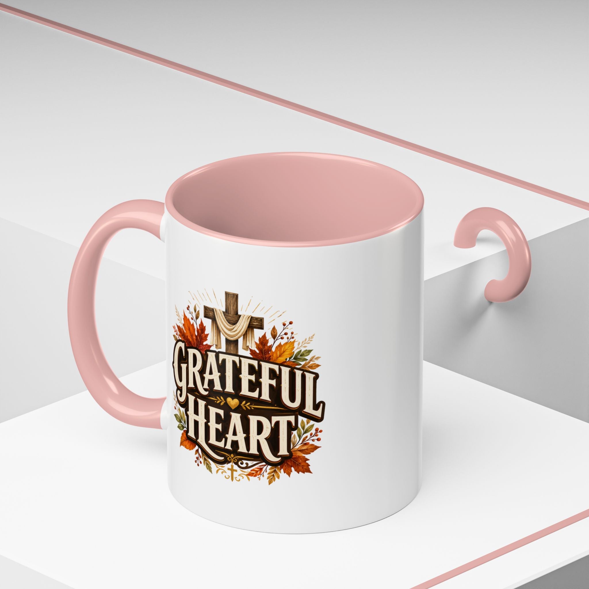 Thanksgiving Mug Grateful Heart Accent Coffee Mug – Autumn Leaves & Cross Spiritual Thanksgiving Gift