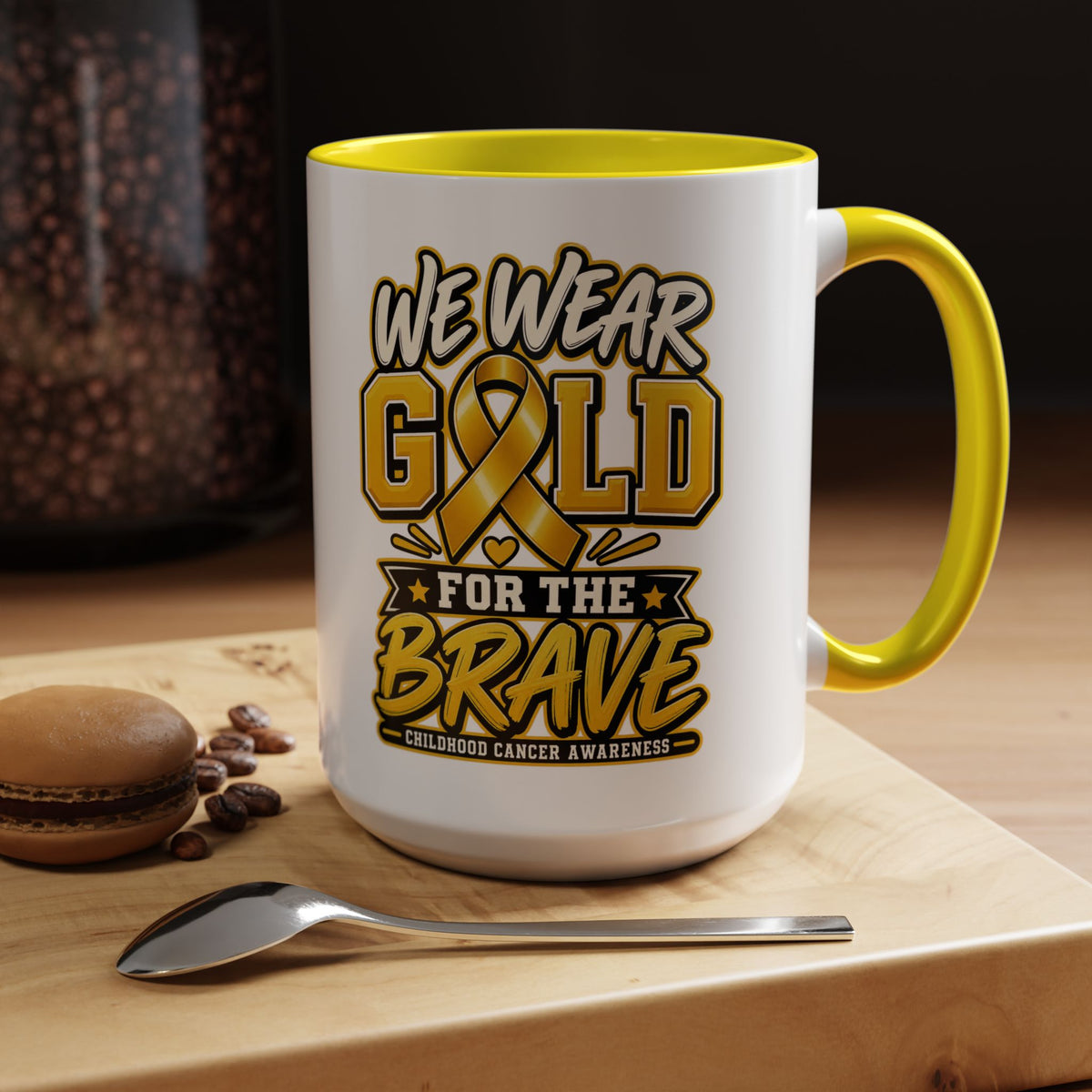 Childhood Cancer Awareness Accent Coffee Mug – "We Wear Gold for the Brave" (11/15 oz)