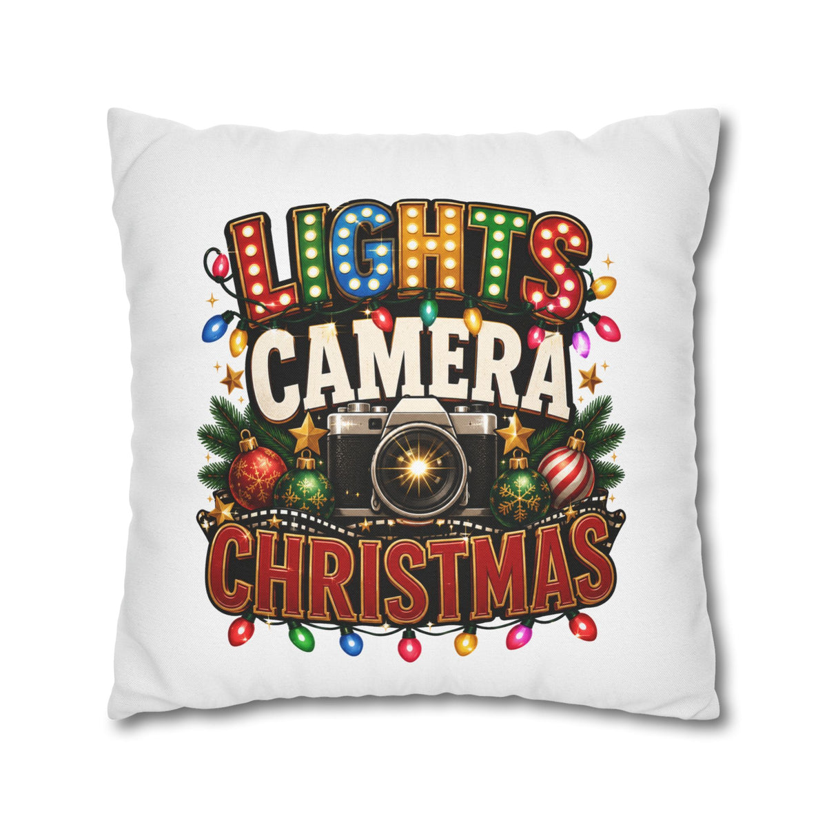 Christmas Photographer Pillowcase – “Lights Camera Christmas” Decorative Throw Pillow