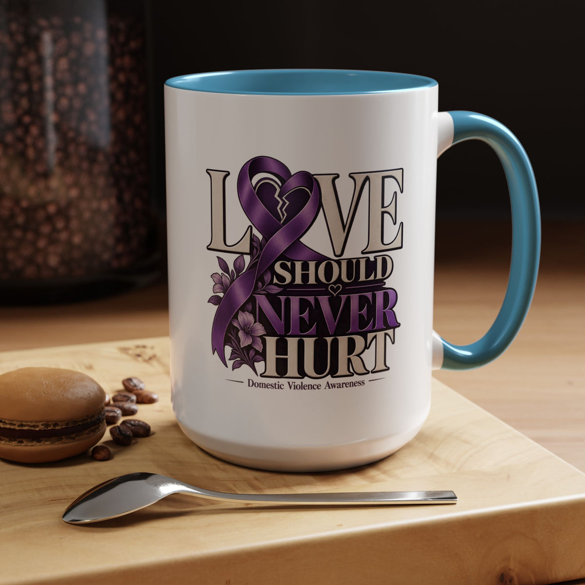 Domestic Violence Awareness Accent Coffee Mug – "Love Should Never Hurt" (11/15oz)