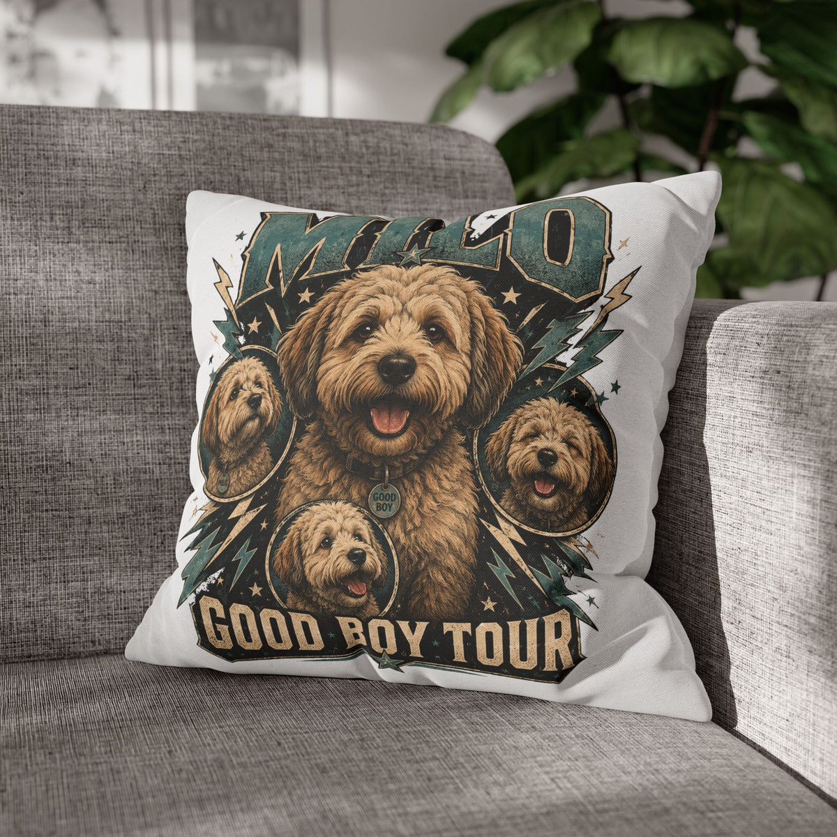 Milo "Good Boy Tour" Decorative Pillowcase — Cute Dog Portrait Square Throw Pillowcase Milo Bailey Dog Dad Mom