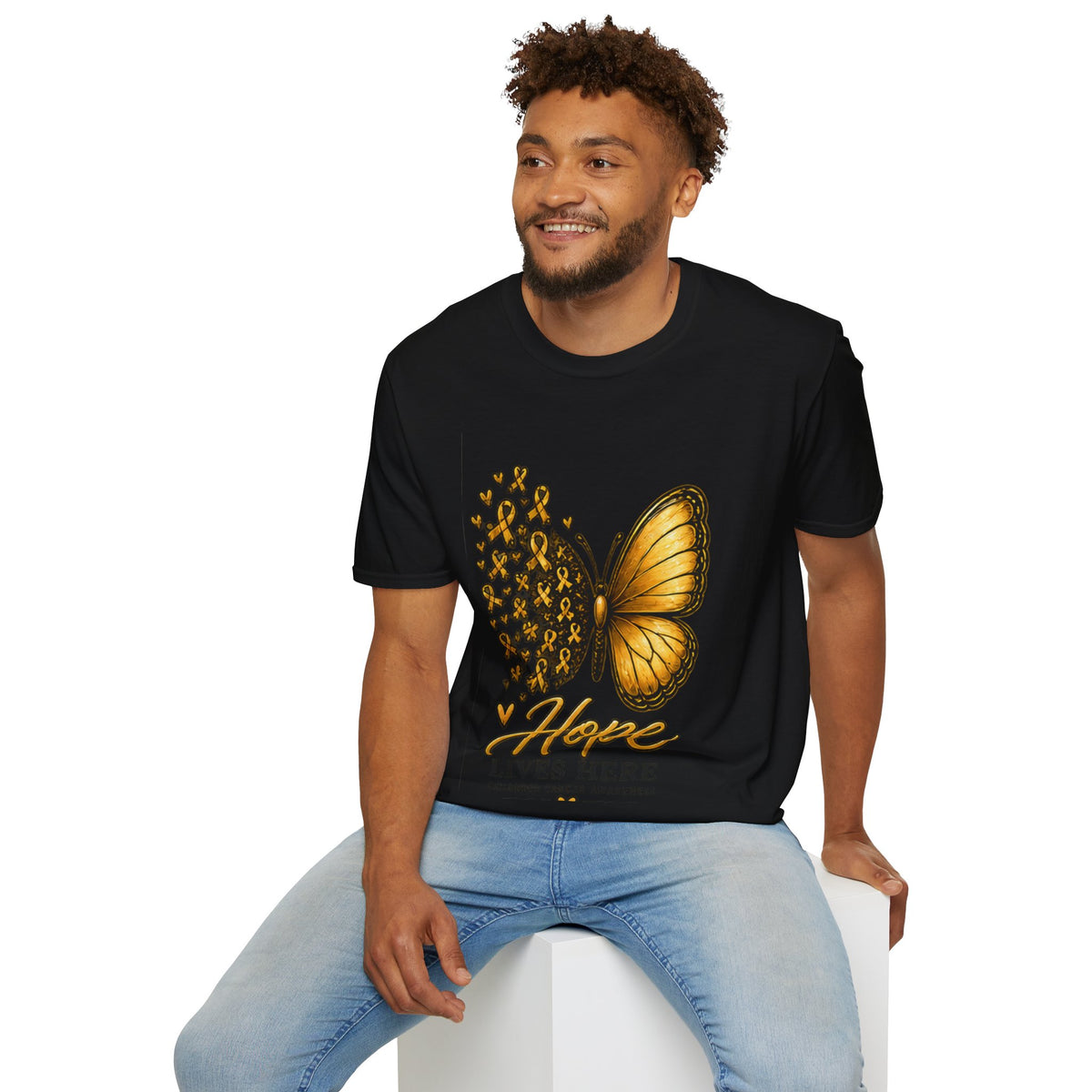 Hope Lives Here Gold Ribbon Butterfly Childhood Cancer Awareness T-Shirt
