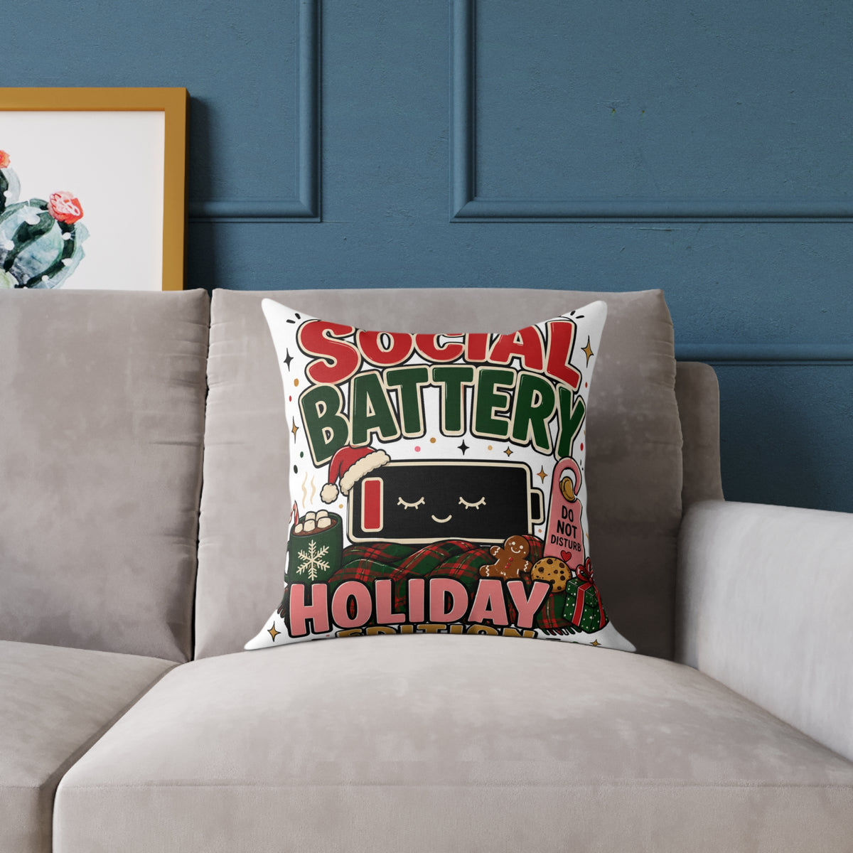 Social Battery Holiday Modern Day Christmas Pillow — Cute Low Energy Christmas Throw Pillow