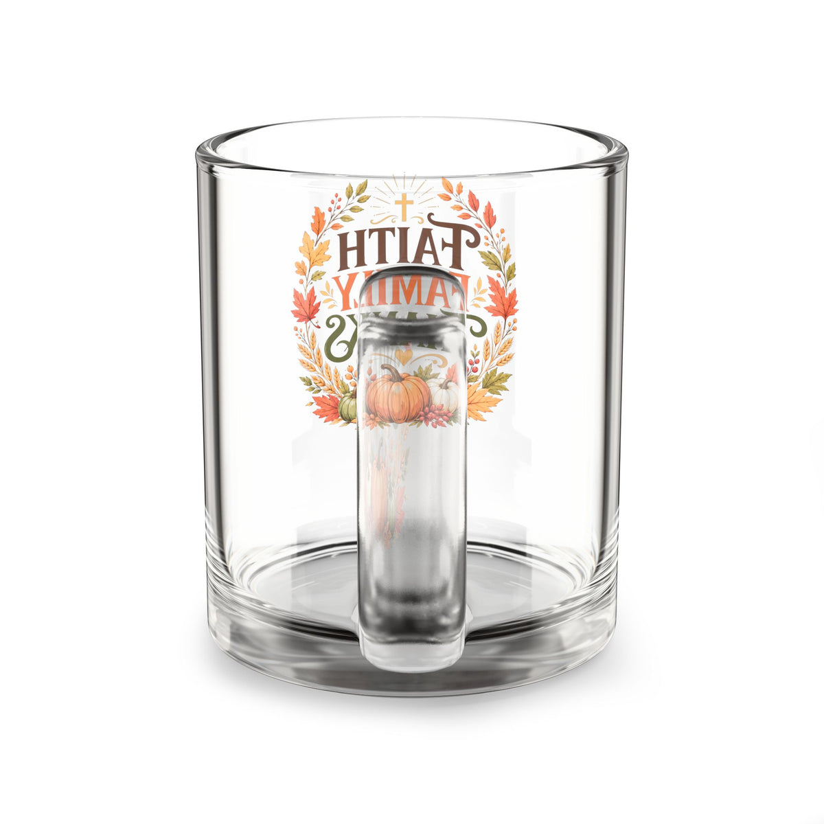 Faith Family Thanks Glass Mug – 10oz Thanksgiving Coffee Cup