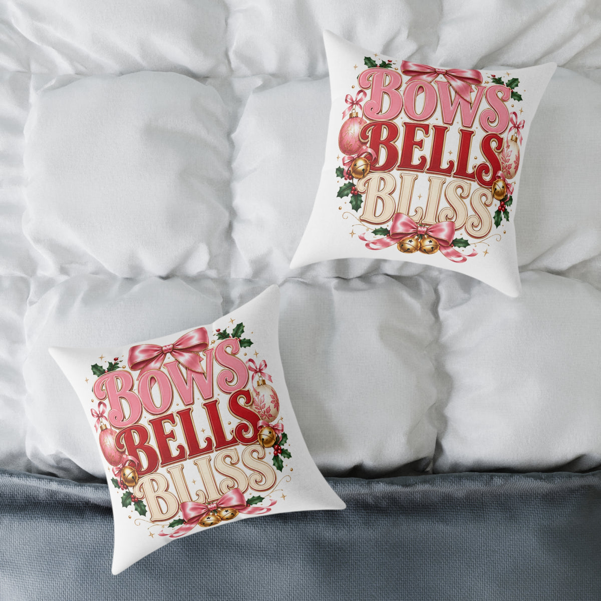 Bows Bells Bliss Christmas Square Poly Canvas Pillow